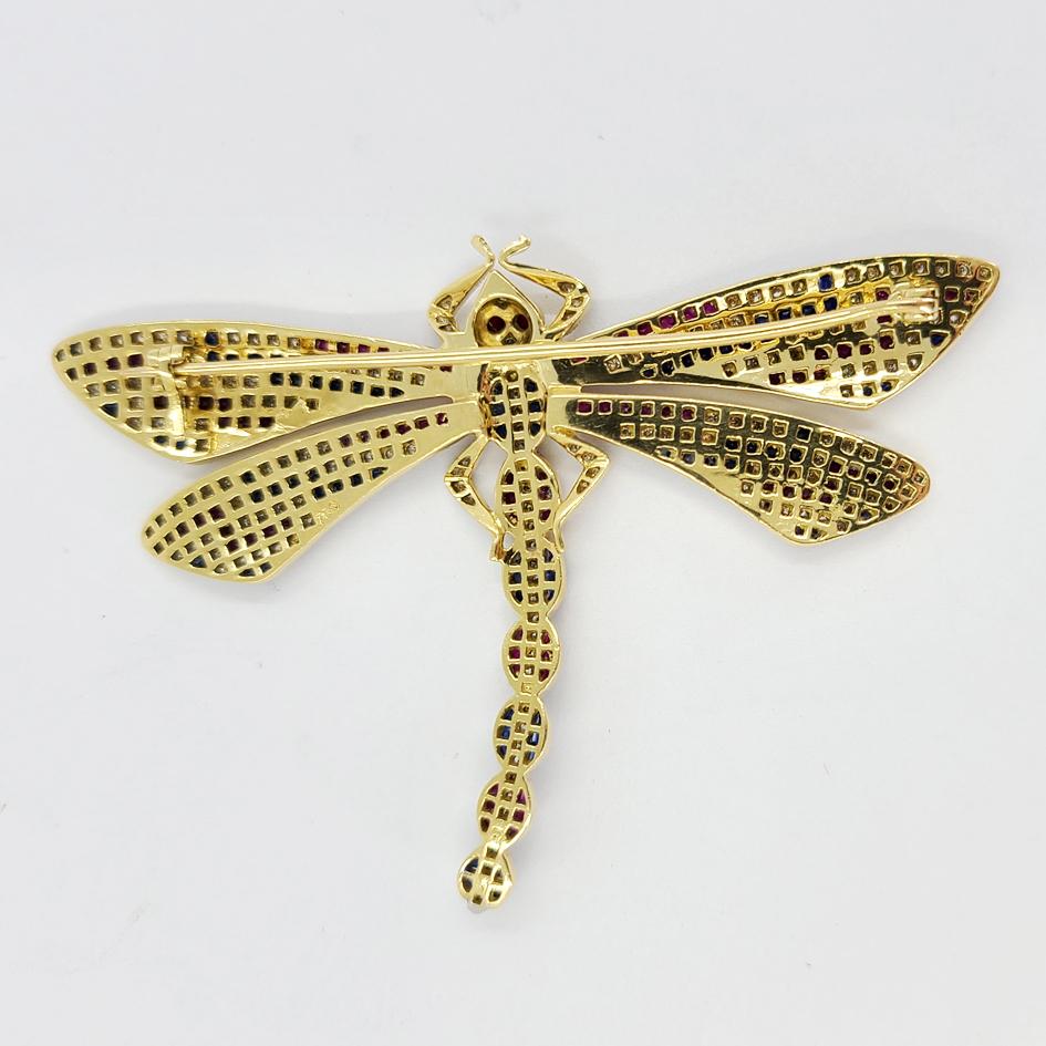 18 Karat Gold, Diamond, Ruby, and Sapphire Dragonfly Pin In Good Condition In Coral Gables, FL