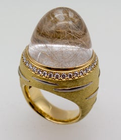 18 Karat Gold Diamond Rutilated Rock Crystal Dome Ring