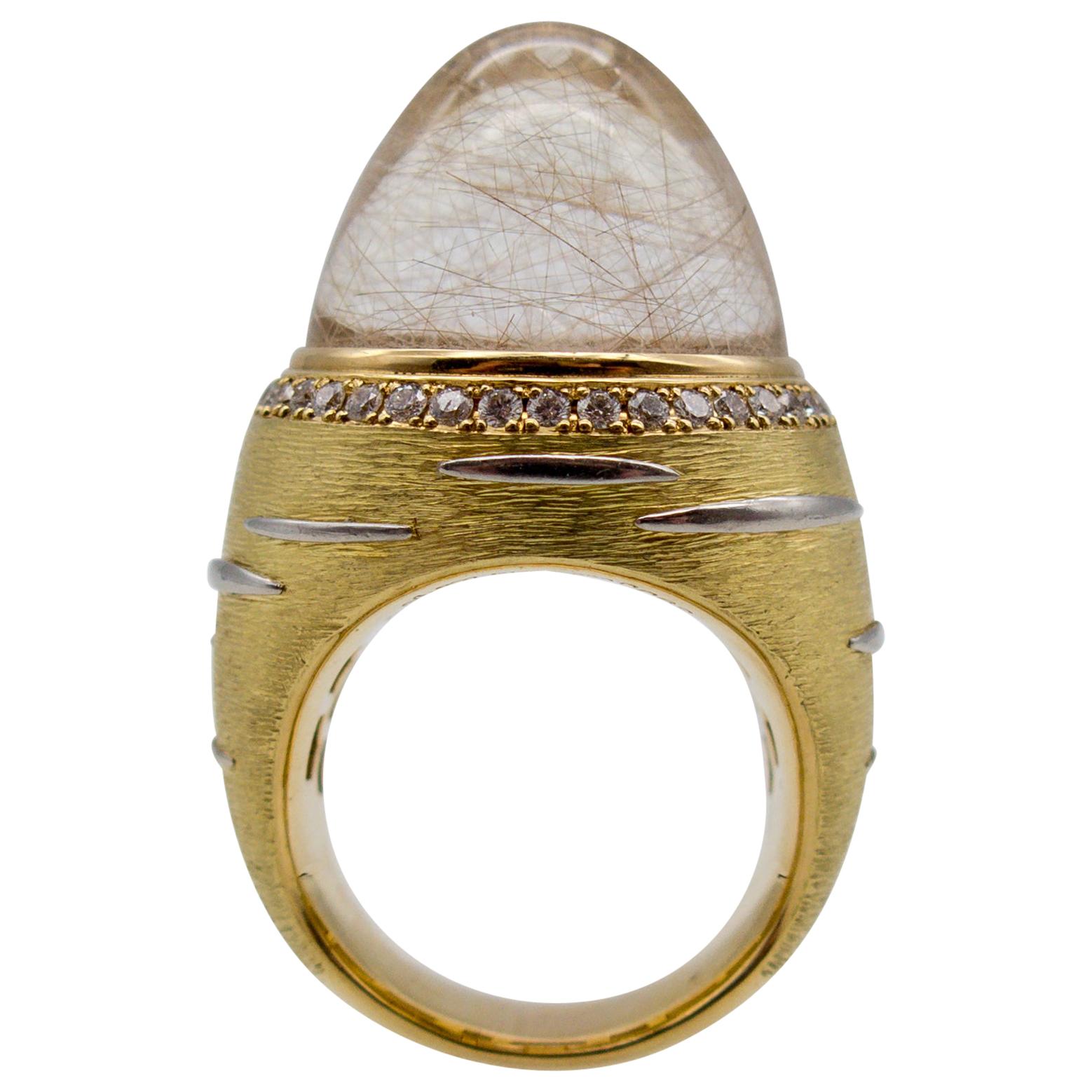 18 Karat Gold Diamond Rutilated Rock Crystal Dome Ring For Sale