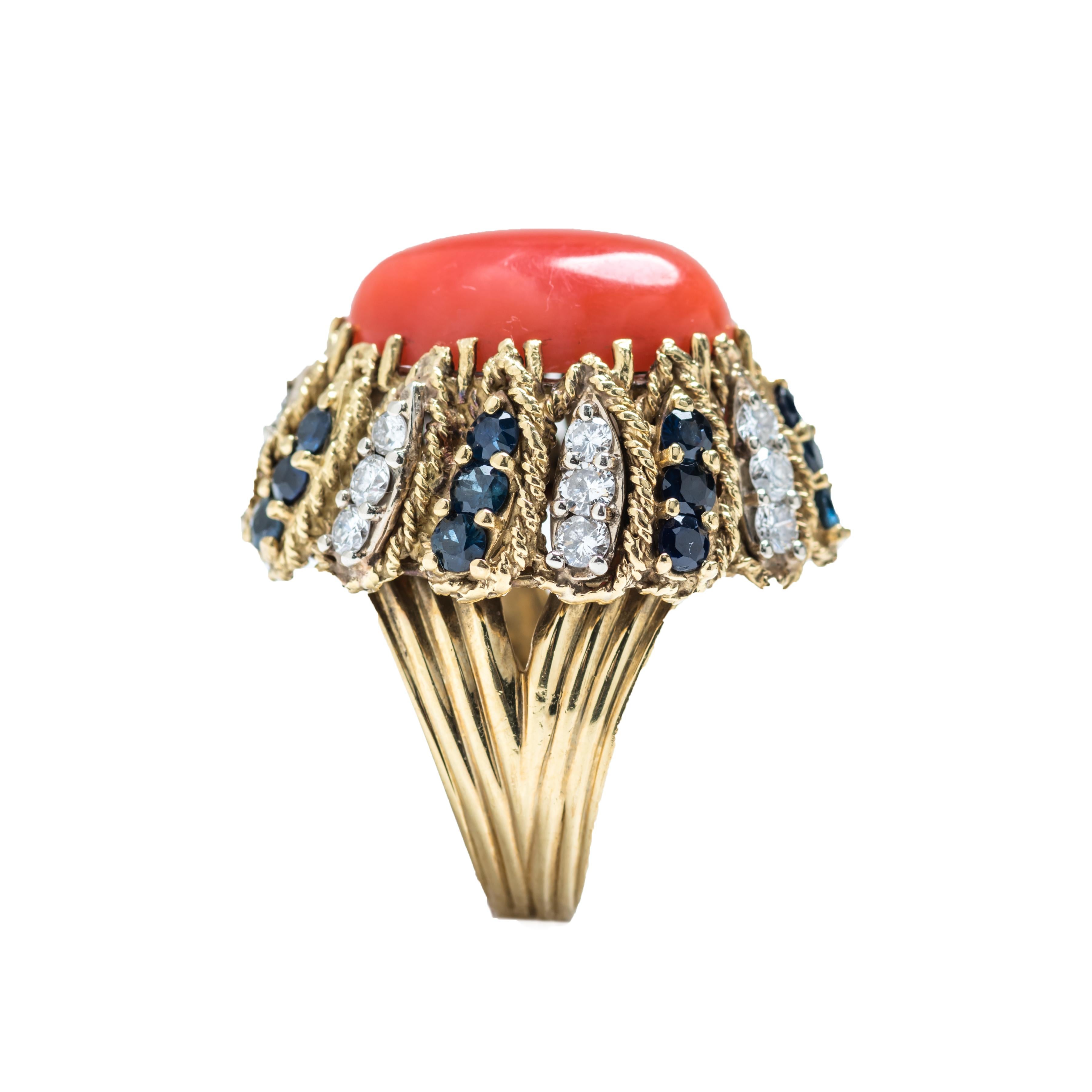 Women's 18 Karat Gold, Diamond, Sapphire and Cabochon Coral Italian Ring For Sale