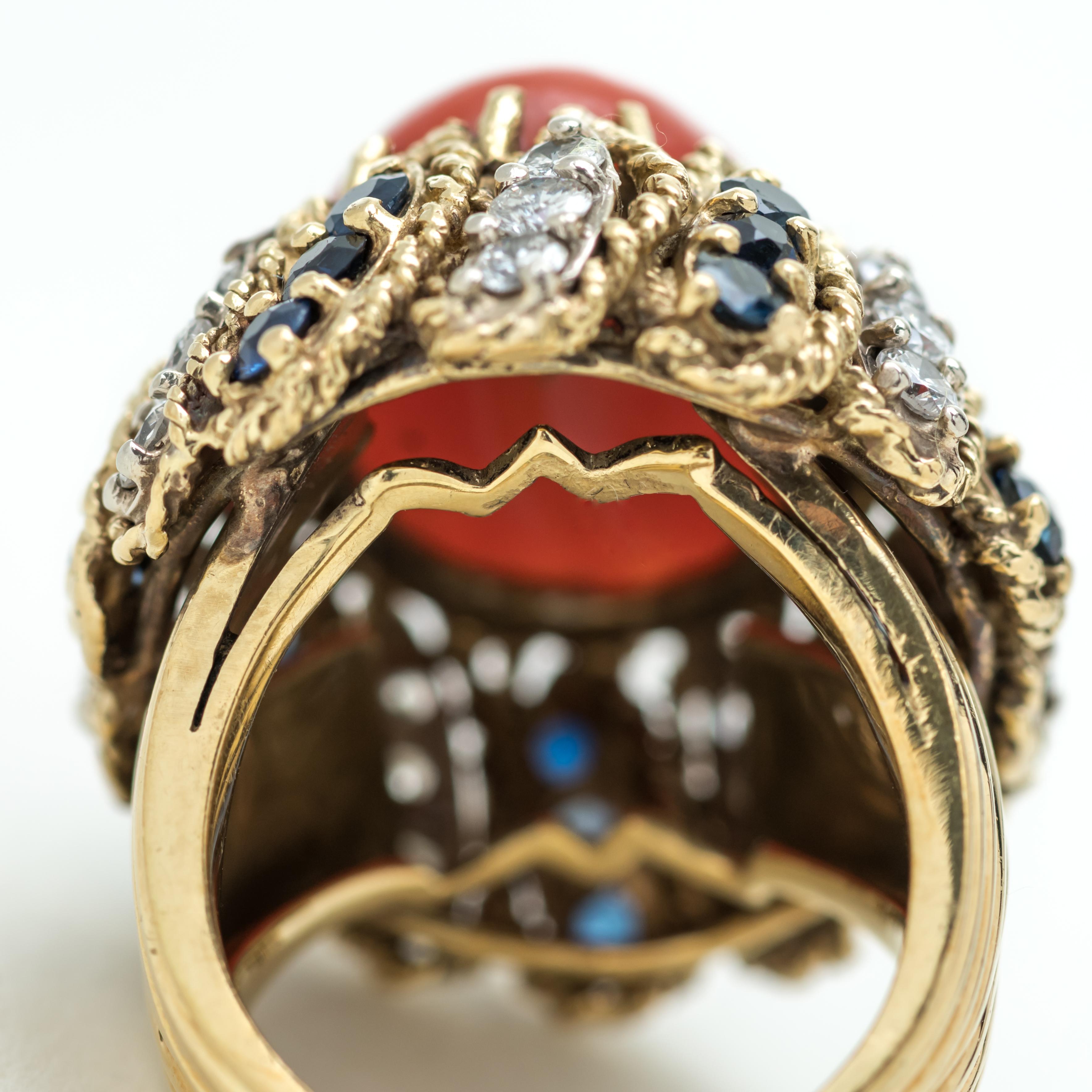 18 Karat Gold, Diamond, Sapphire and Cabochon Coral Italian Ring For Sale 1
