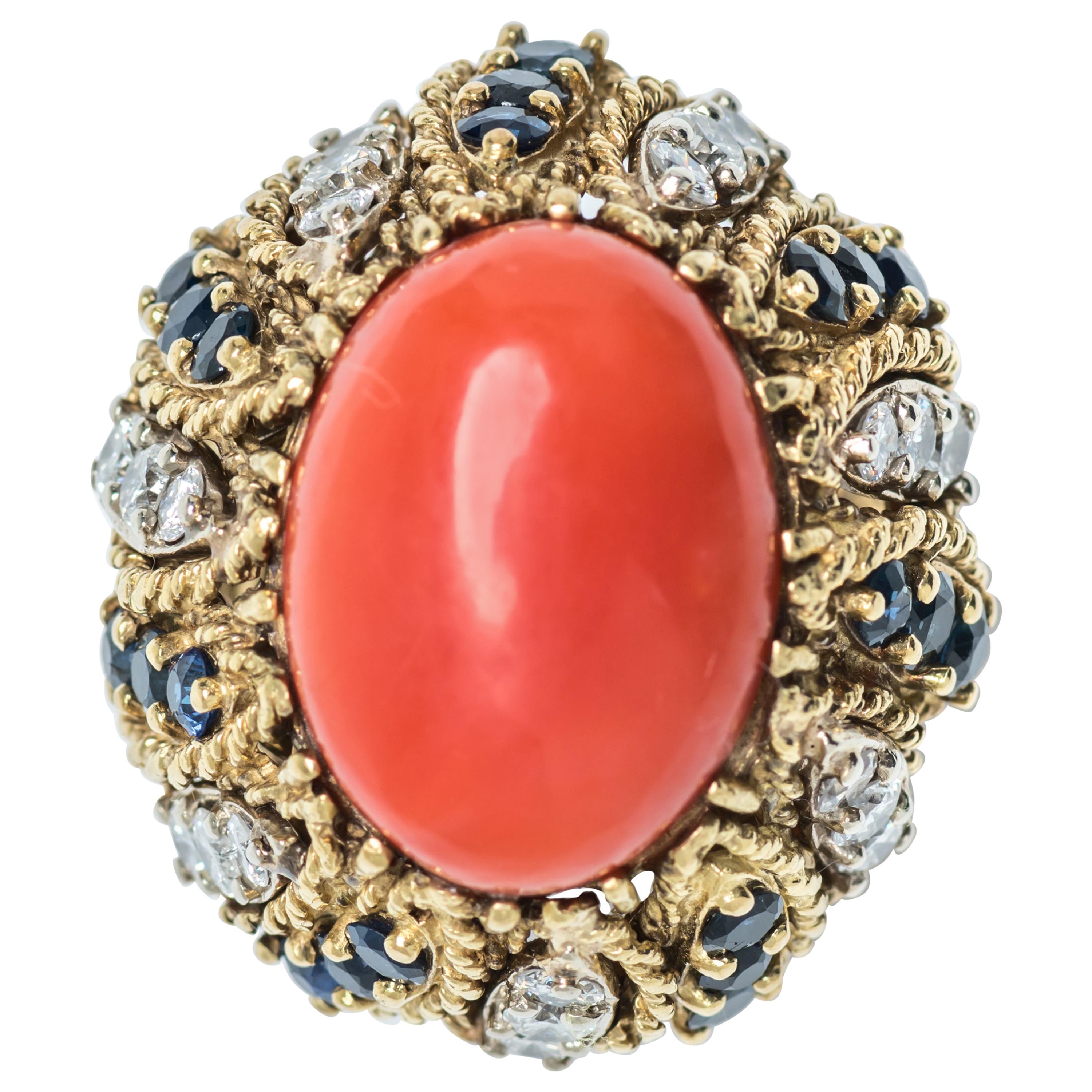 18 Karat Gold, Diamond, Sapphire and Cabochon Coral Italian Ring For Sale