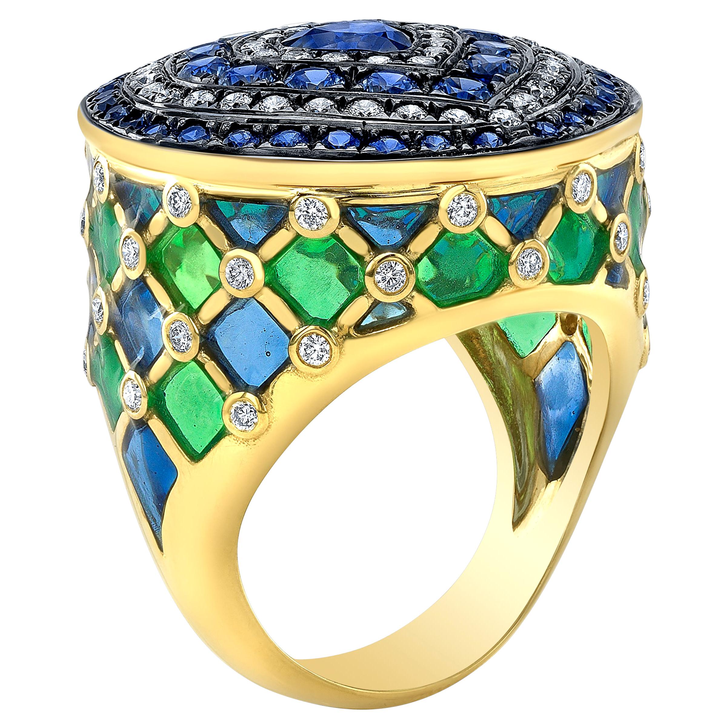 18 Karat Gold, Diamond, Sapphire and Enamel Contemporary Ring 'Starlight'