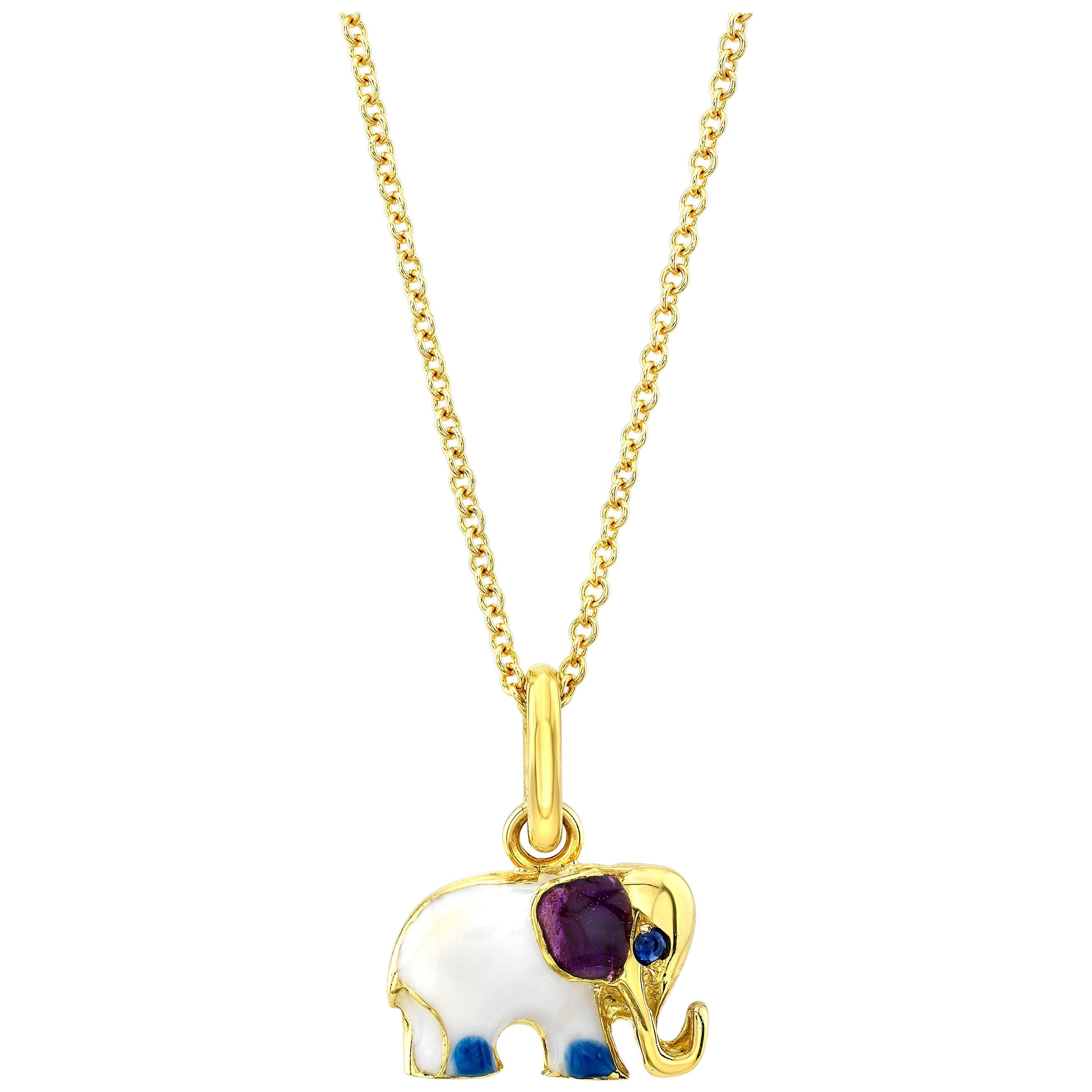 18 Karat Gold, Diamond, Sapphire and Enamel Elephant Charm Pendant 'Ruby Love'