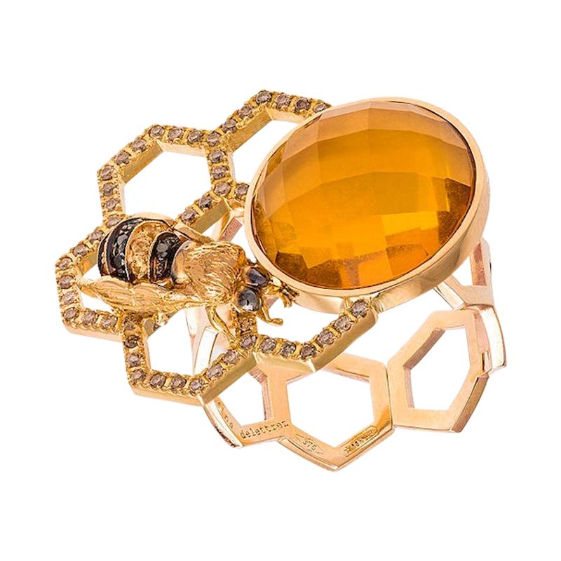 DELFINA DELETTREZ 18 Karat Gold Diamond Sapphire Citrine Beehive Cocktail Ring For Sale