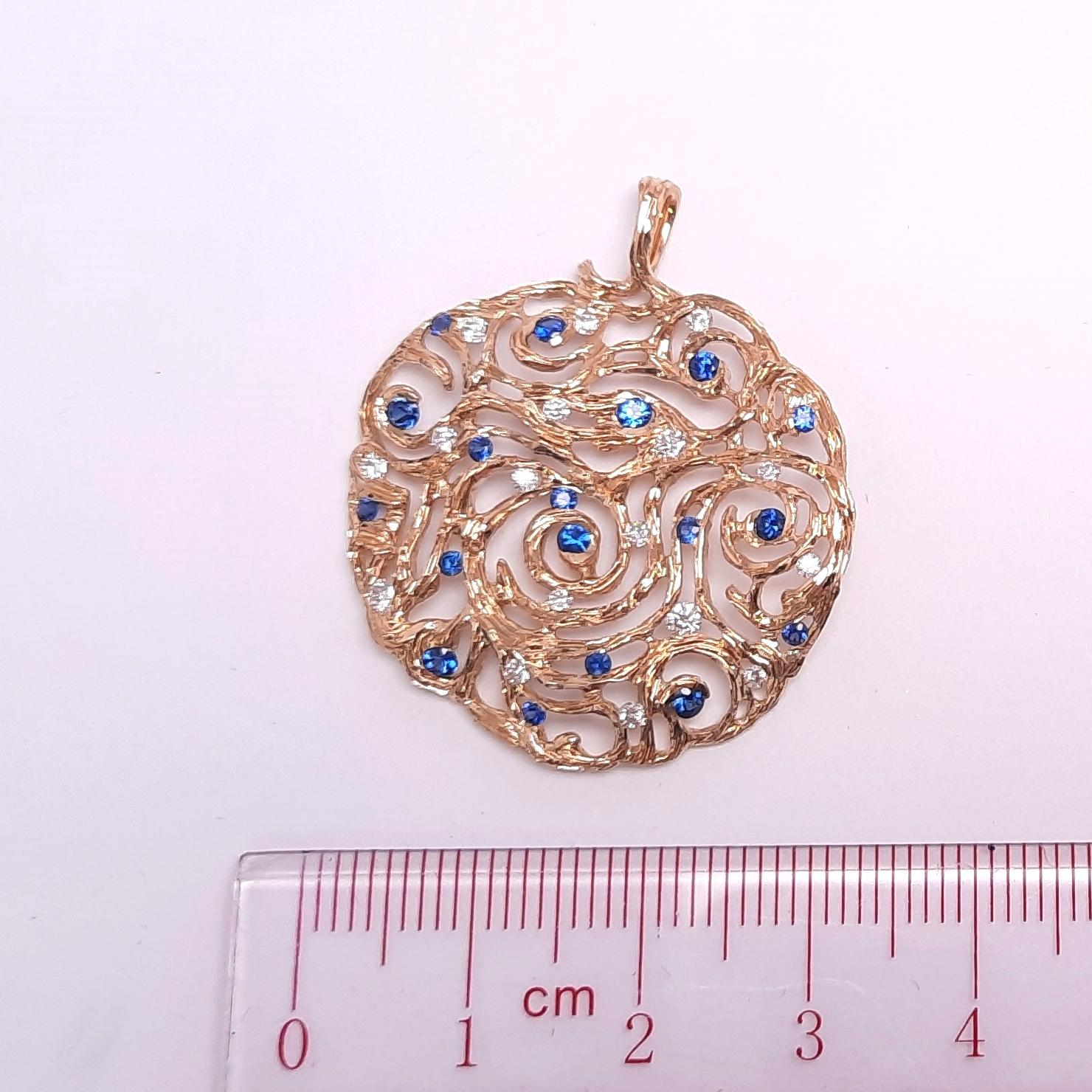 Golden Swirling Clouds holding diamonds and sapphire stars on the refine gold filigree fascinate you and make you look more fashionable and individual. 

Dazzling diamonds and round cut blue sapphires are embedded on the handmade golden filigree