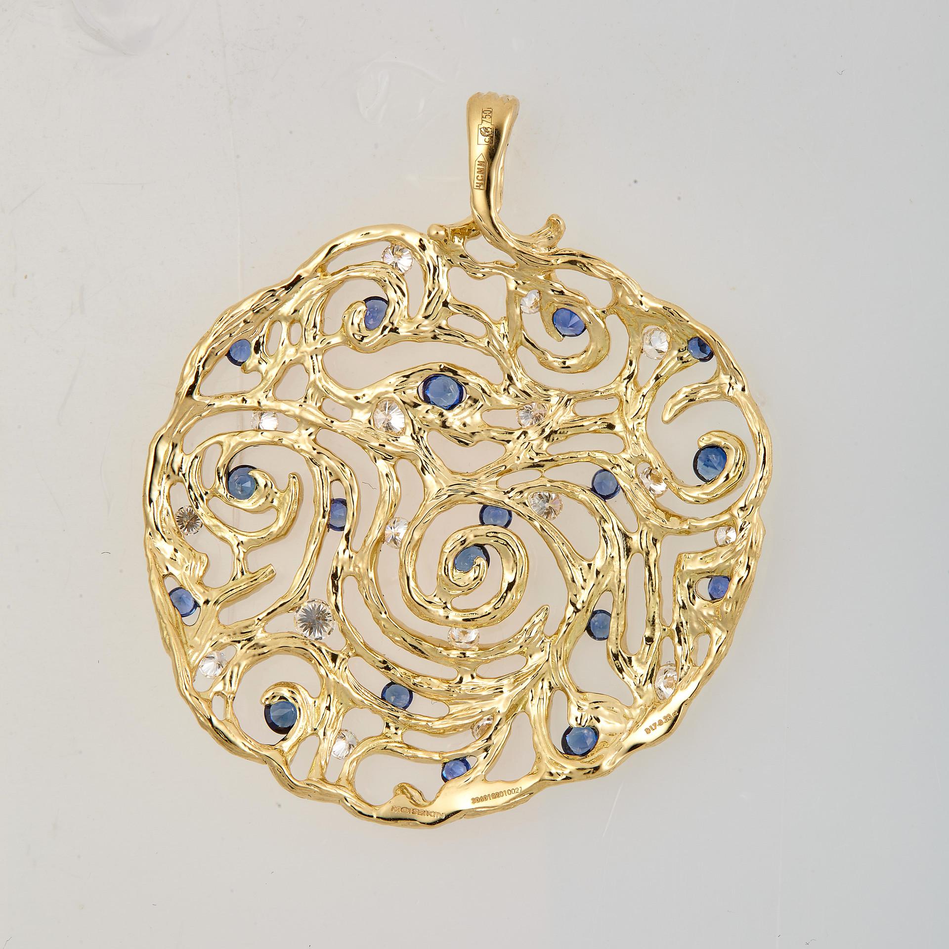 Contemporary 18 Karat Gold Diamond Sapphire Starry Night Pendant Necklace For Sale