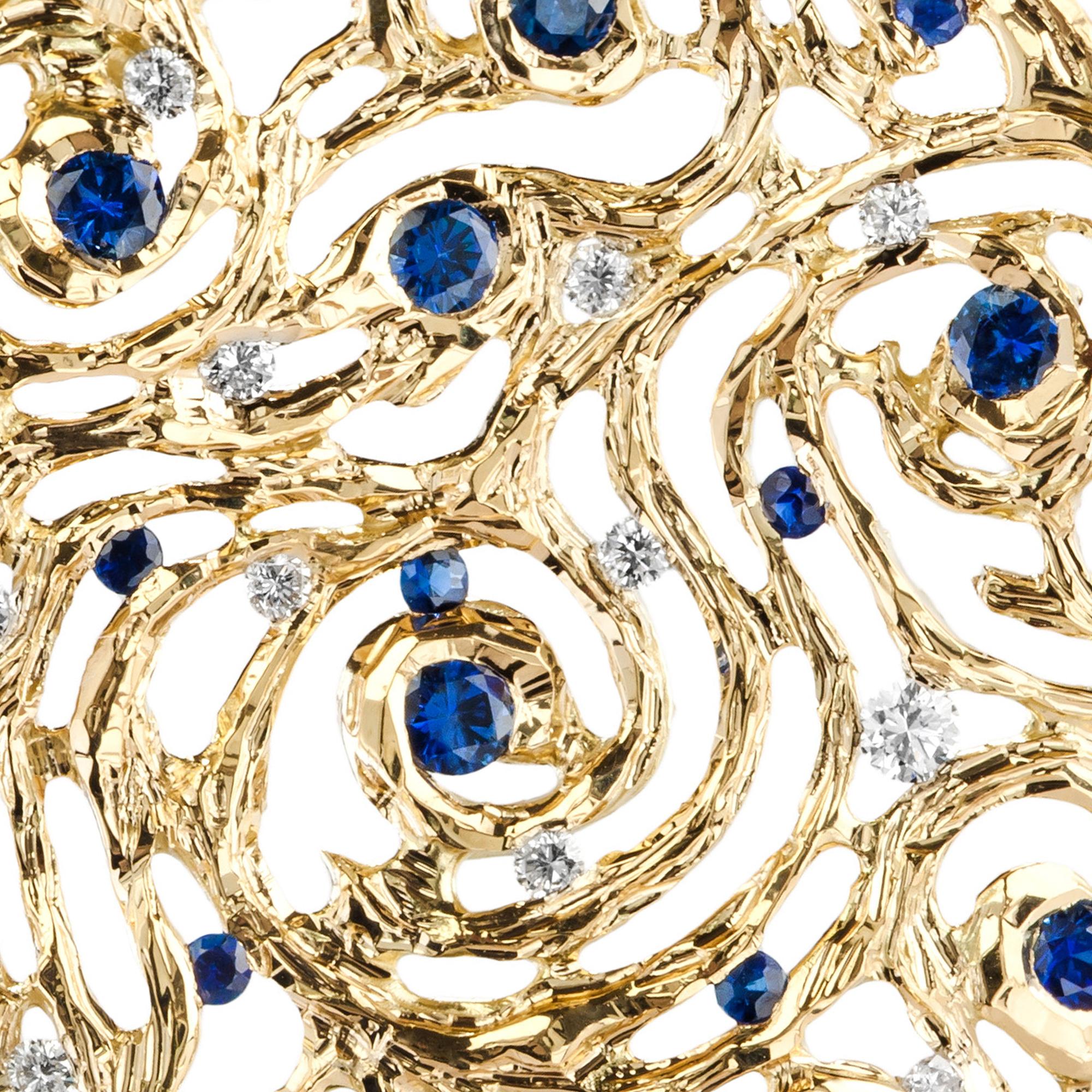 Round Cut 18 Karat Gold Diamond Sapphire Starry Night Pendant Necklace For Sale