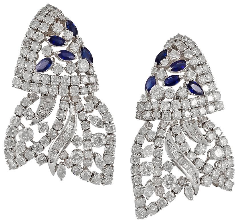 Round Cut  Diamond Sapphire Gold Foliate Design Necklace Suite  For Sale
