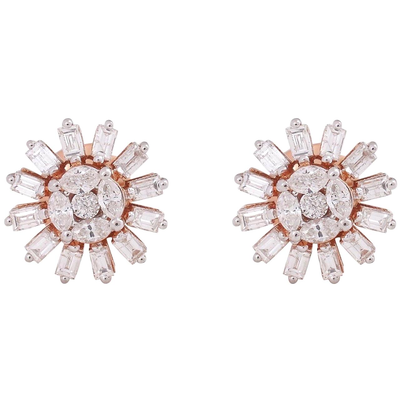 18 Karat Gold Diamond Starburst Stud Earrings For Sale