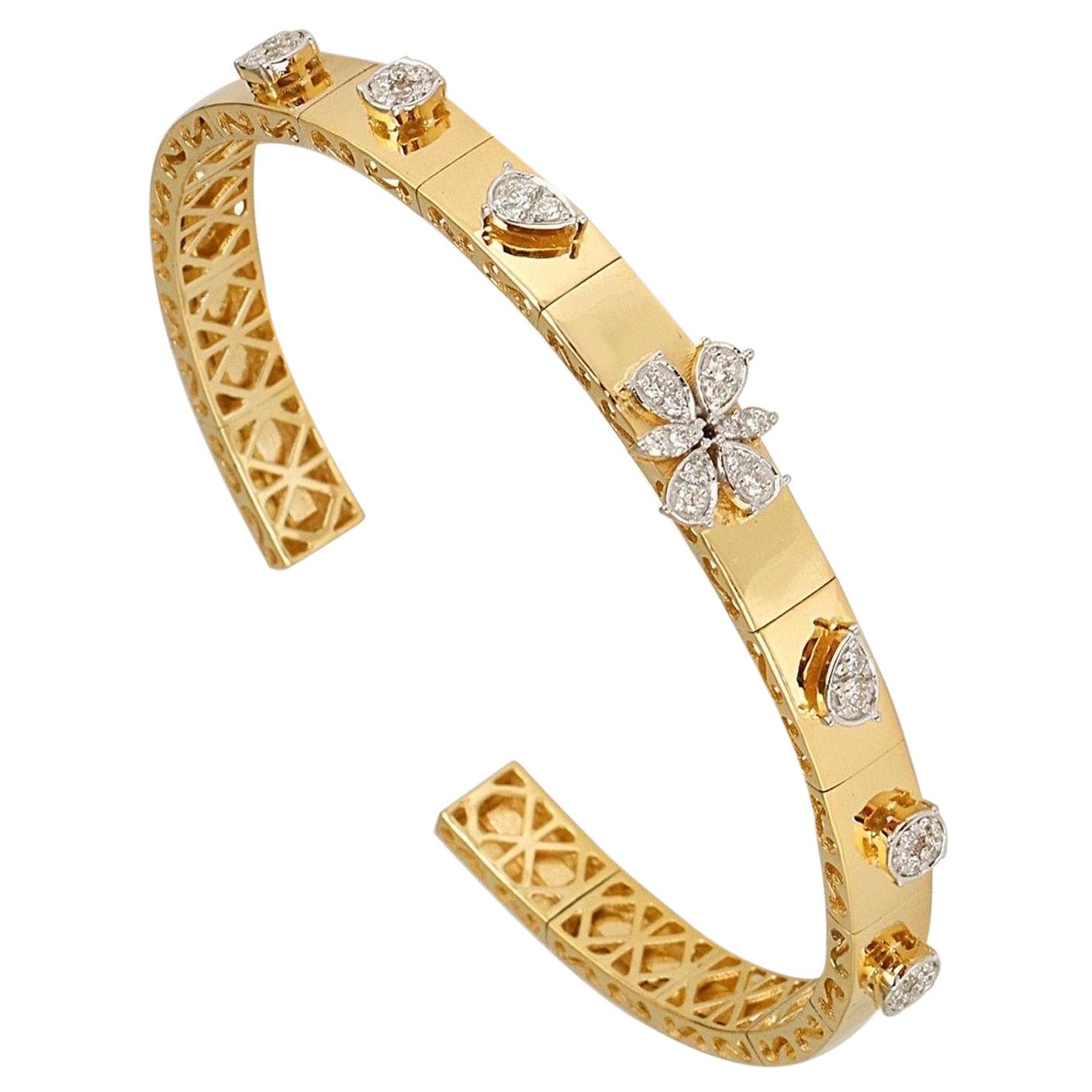 14 Karat Gold Diamond Station Bangle Bracelet For Sale