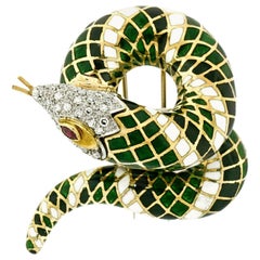 18 Karat Gold Diamond White and Green Enamel Ruby Wrap Serpent Snake Pin Brooch