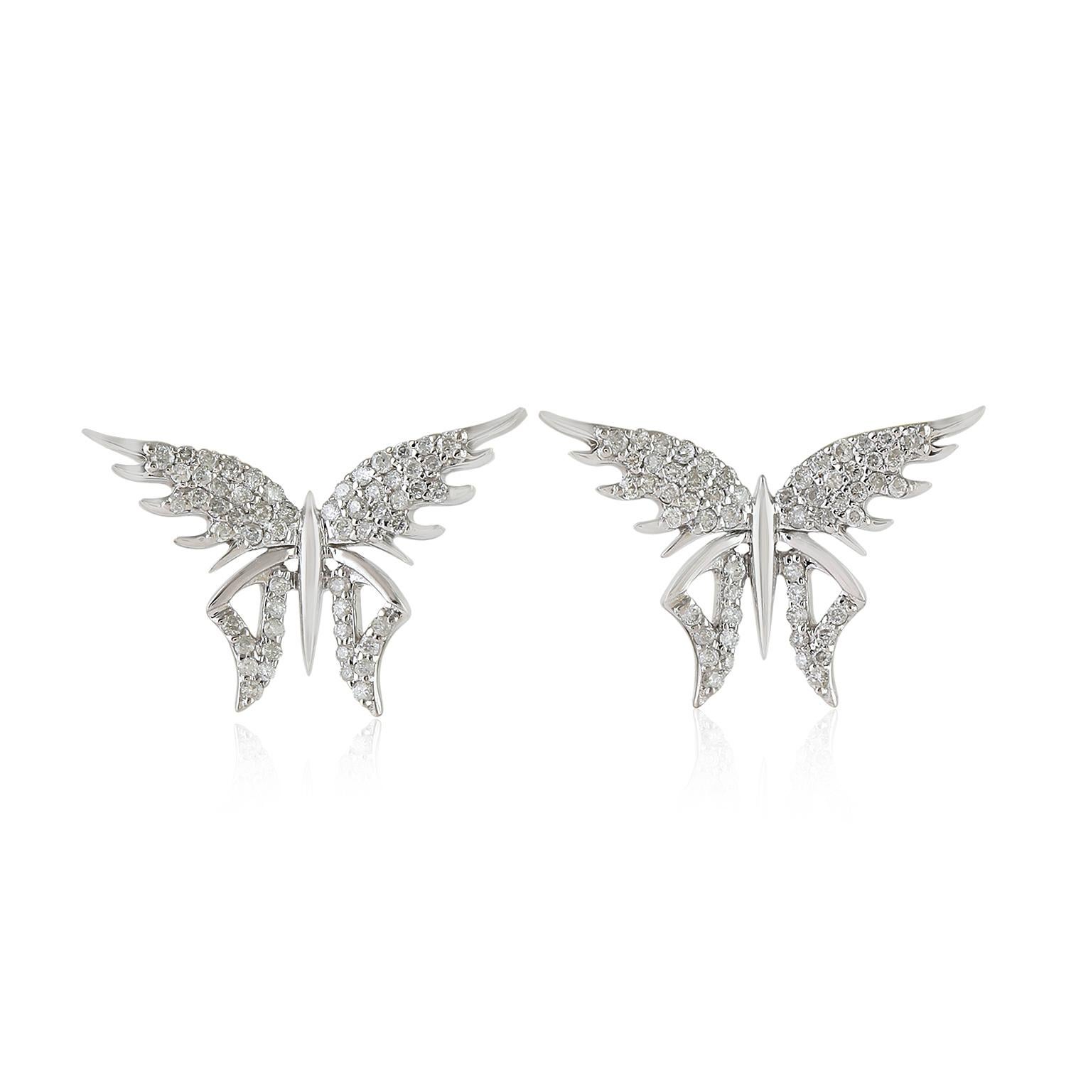 Single Cut 18 Karat Gold Diamond Wing Stud Earrings For Sale