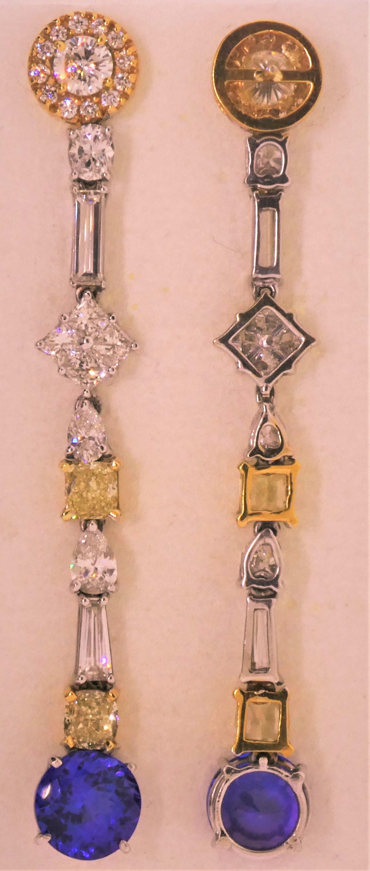 Contemporary 18 Karat Gold, Diamonds ‘7.13 Carat’, Tanzanite ‘6.93 Carat’ Drop Earrings For Sale