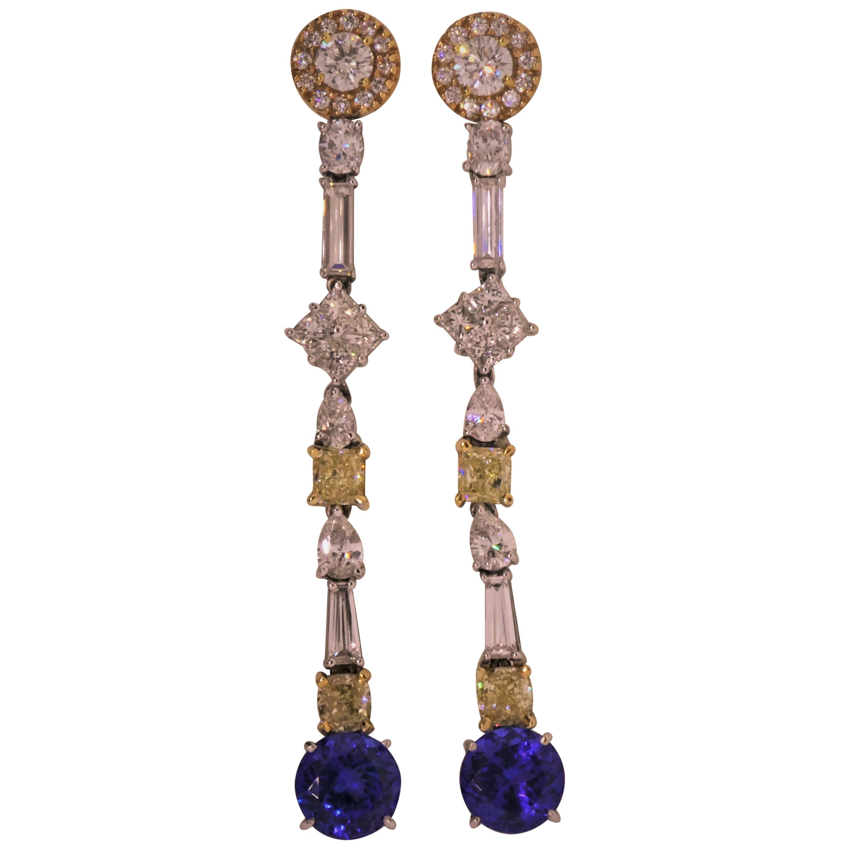 18 Karat Gold, Diamonds ‘7.13 Carat’, Tanzanite ‘6.93 Carat’ Drop Earrings For Sale