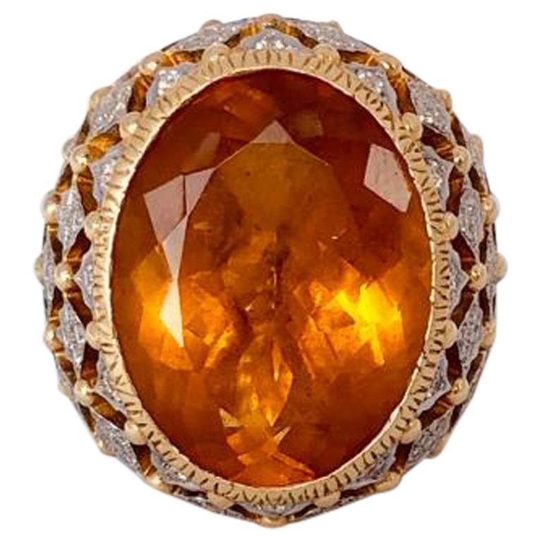 18 Karat Gold Diamonds and Fire Citrine Cocktail Ring in Florentine Finish