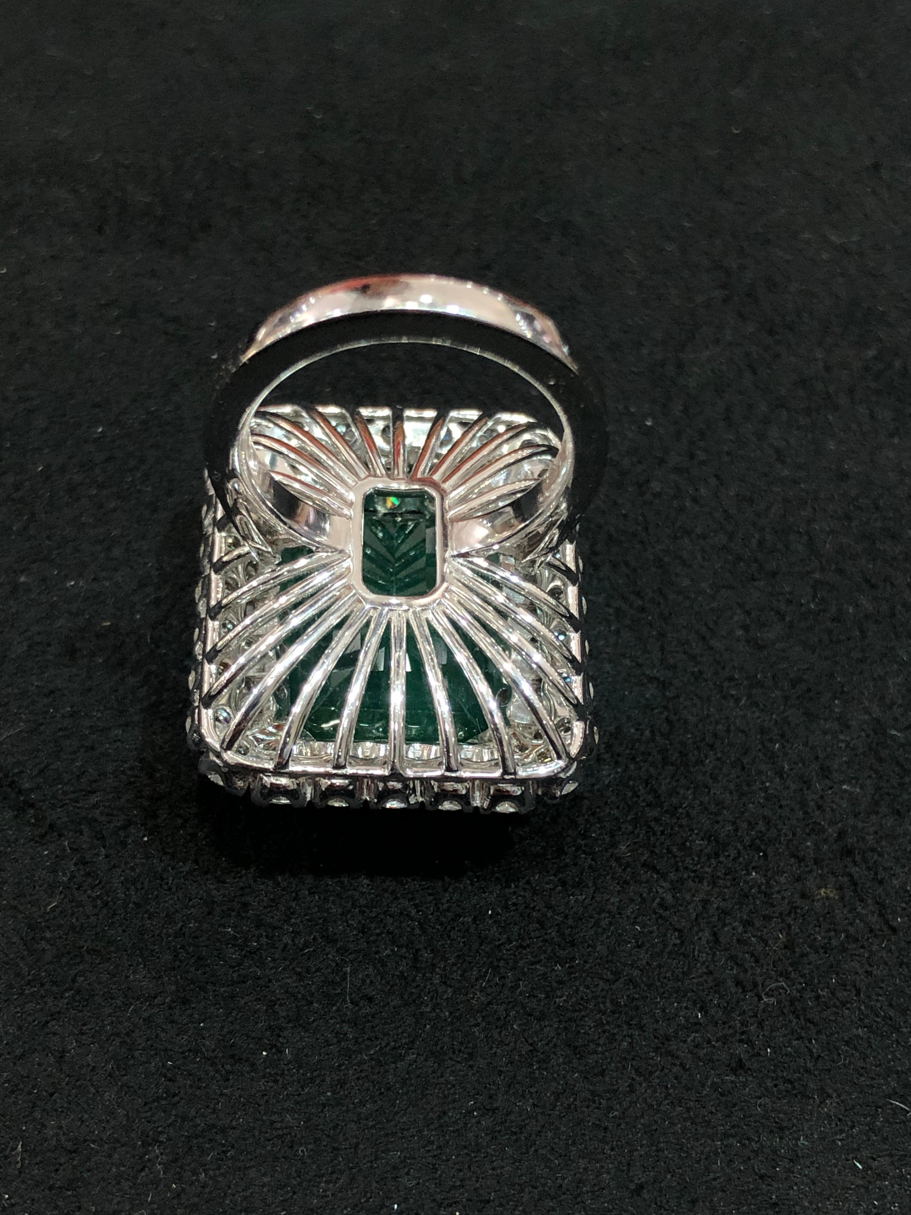 Emerald Cut Zambian Emerald 18k White Gold White Diamond Cocktail Ring