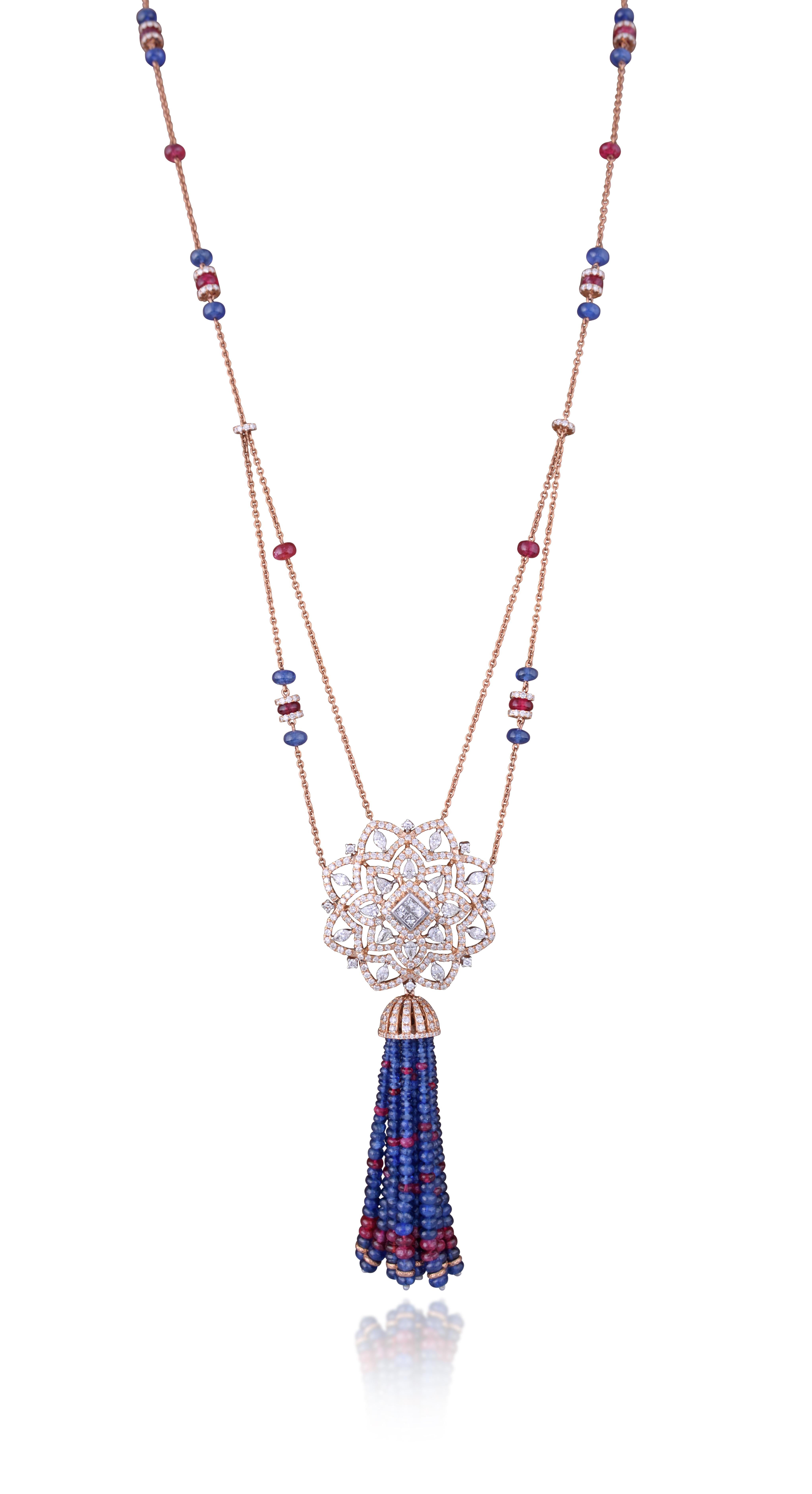 18 Karat Gold, Diamonds, Blue Sapphires and Tourmaline Tassel Necklace In New Condition In New Delhi, Delhi