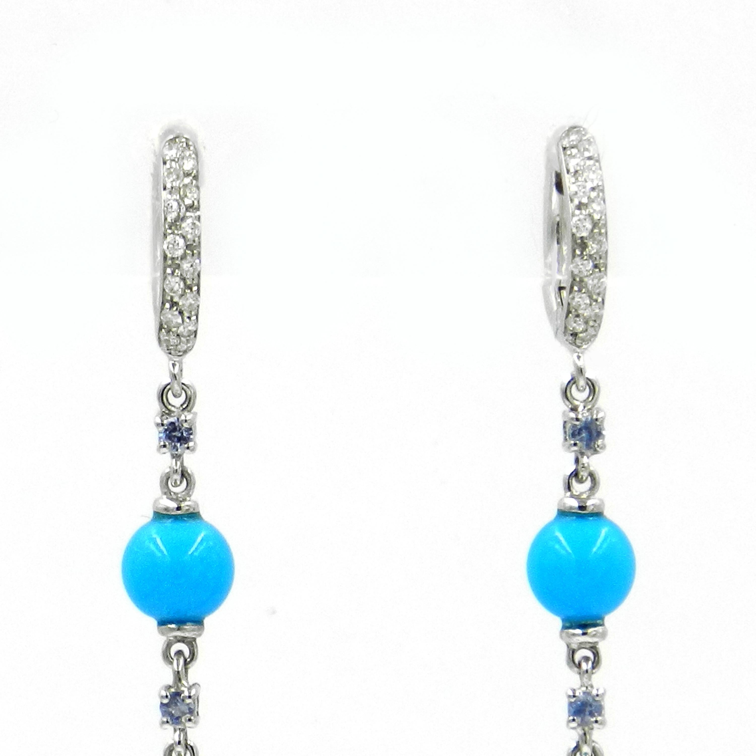18KT White Gold  DIAMONDS, BLUE SAPPHIRES and TURQUOISE GARAVELLI LONG EARRINGS 
Total lenght cm 10
18kt GOLD gr  : 5,90
WHITE DIAMONDS ct : 0,18
LIGHT BLUE SAPPHIRES  : 0,35
TURQUOISE total ct : 34,10