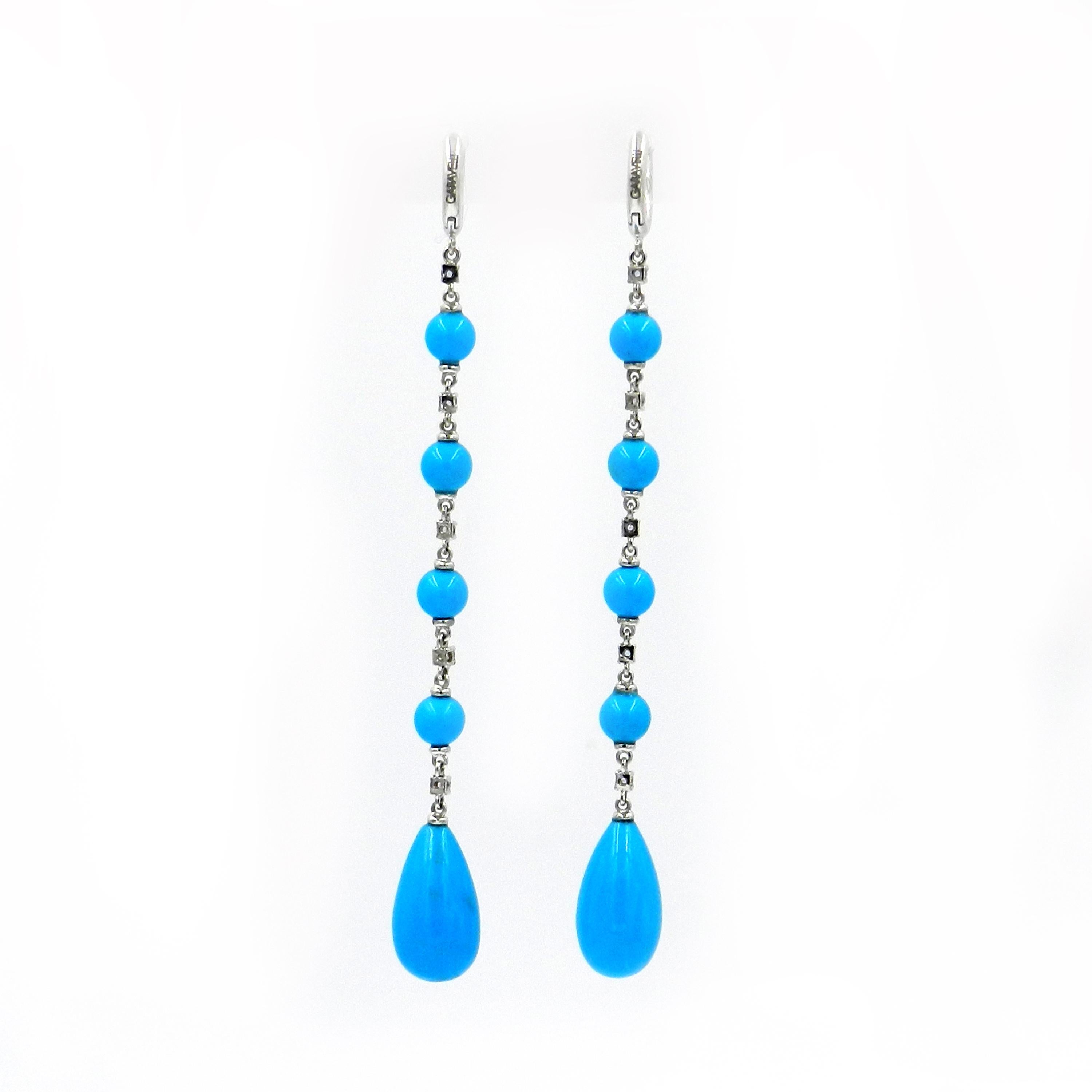 Contemporary 18 Karat Gold Diamonds, Blue Sapphires and Turquoise Garavelli Long Earrings