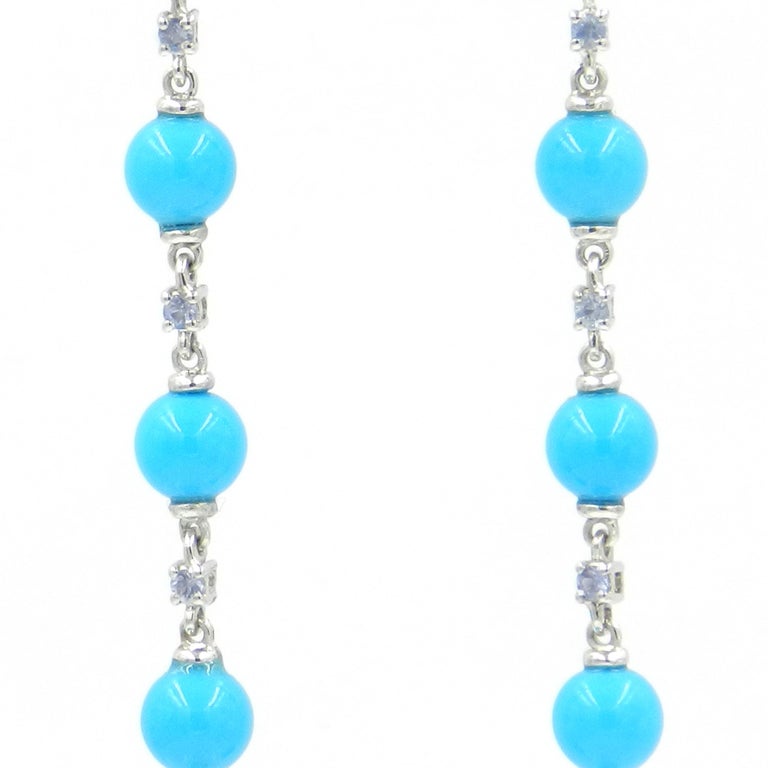 Round Cut 18 Karat Gold Diamonds, Blue Sapphires and Turquoise Garavelli Long Earrings For Sale