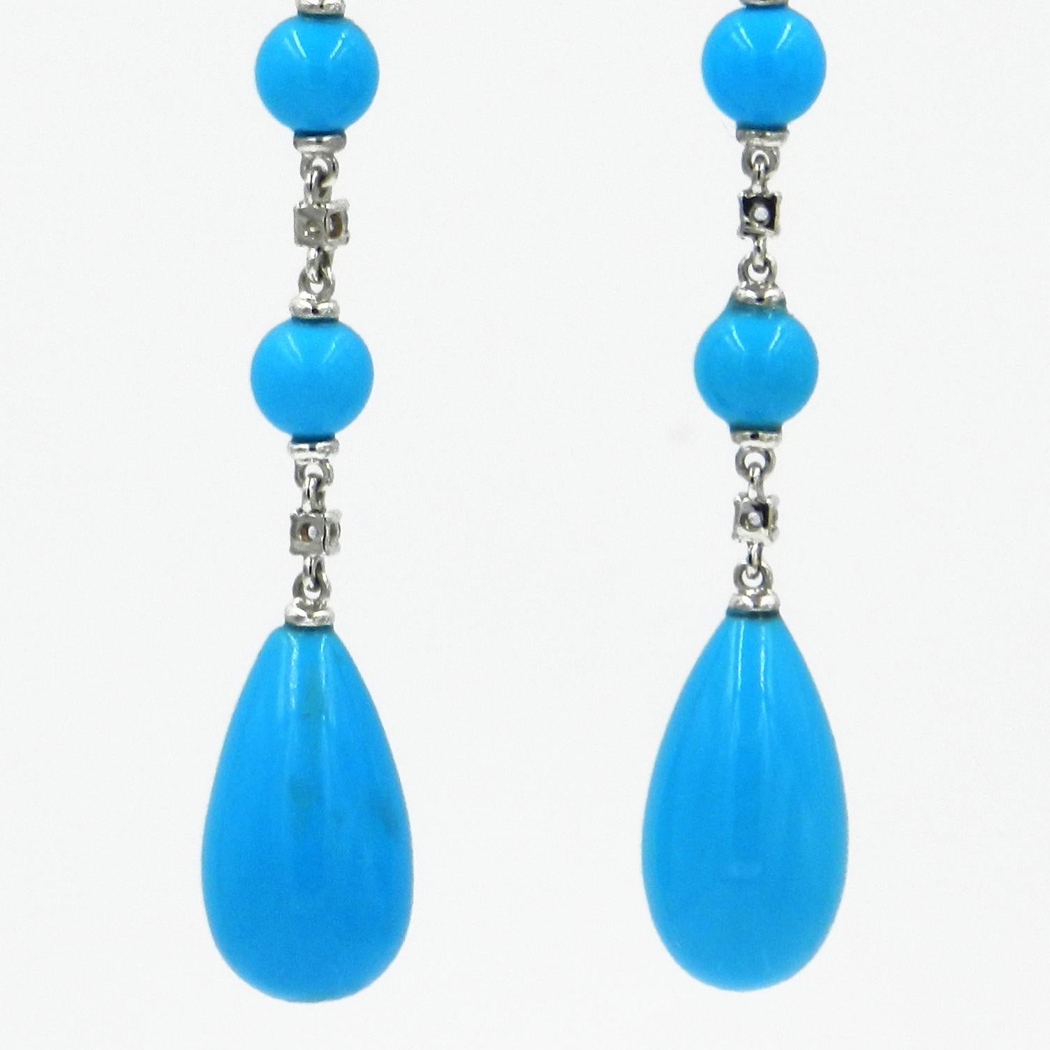 18 Karat Gold Diamonds, Blue Sapphires and Turquoise Garavelli Long Earrings In New Condition In Valenza, IT