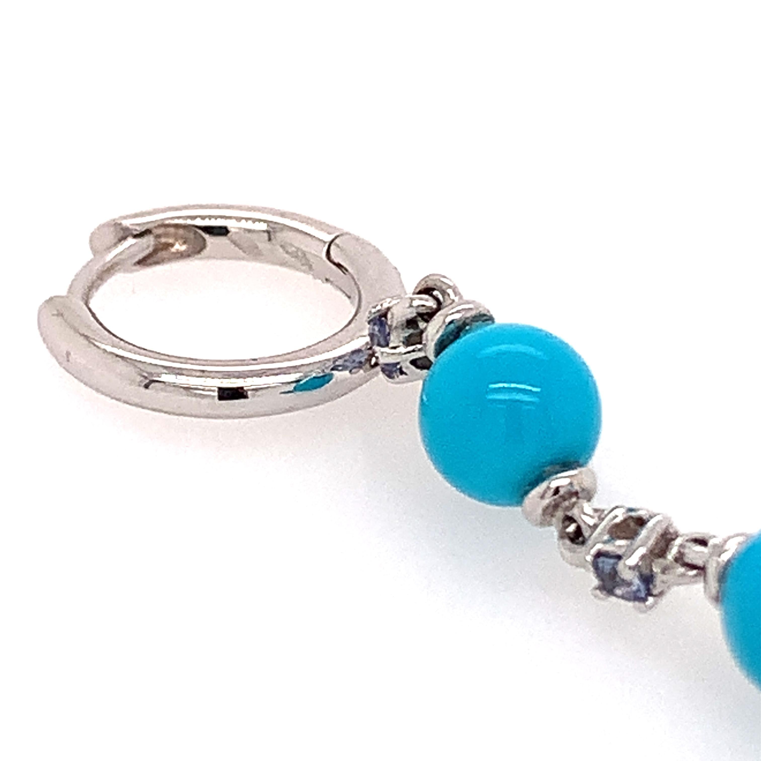 Boucles d'oreilles longues Garavelli en or 18 carats, diamants, saphirs bleus et turquoise en vente 1