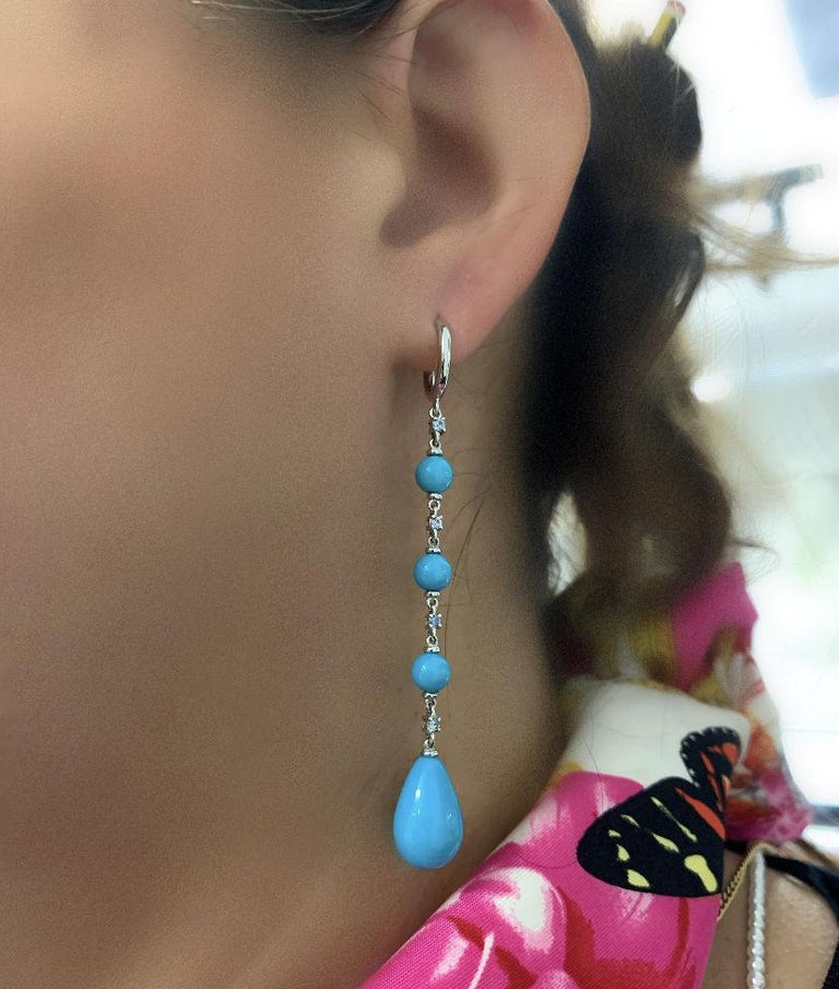 18 Karat Gold Diamonds, Blue Sapphires and Turquoise Garavelli Long Earrings For Sale 2