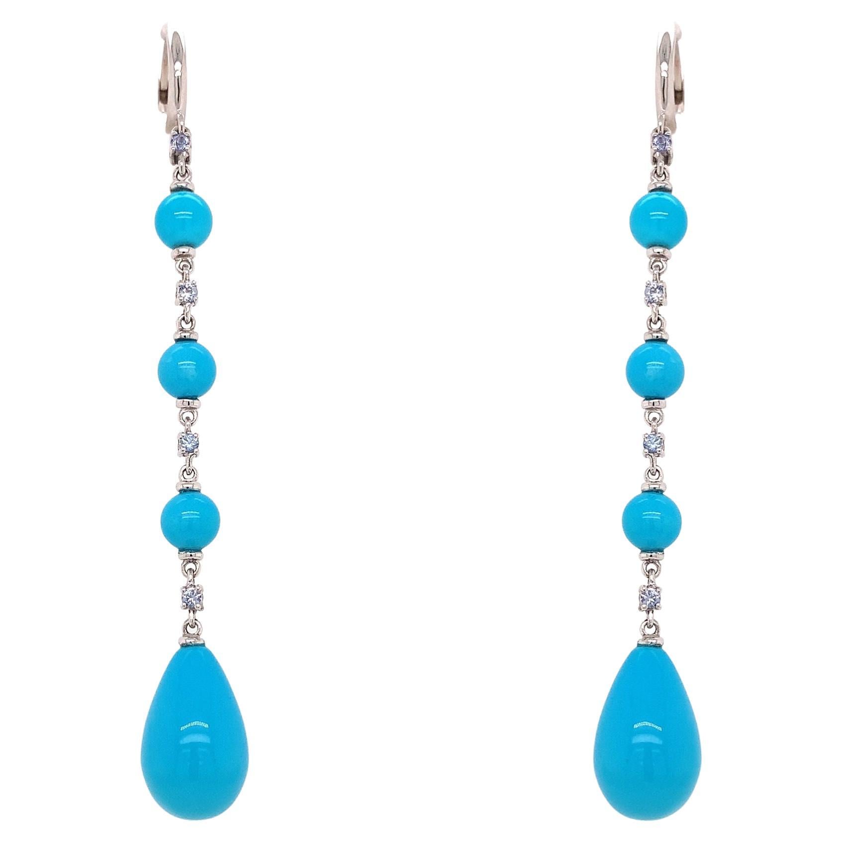 18 Karat Gold Diamonds, Blue Sapphires and Turquoise Garavelli Long Earrings