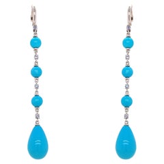 18 Karat Gold Diamonds, Blue Sapphires and Turquoise Garavelli Long Earrings