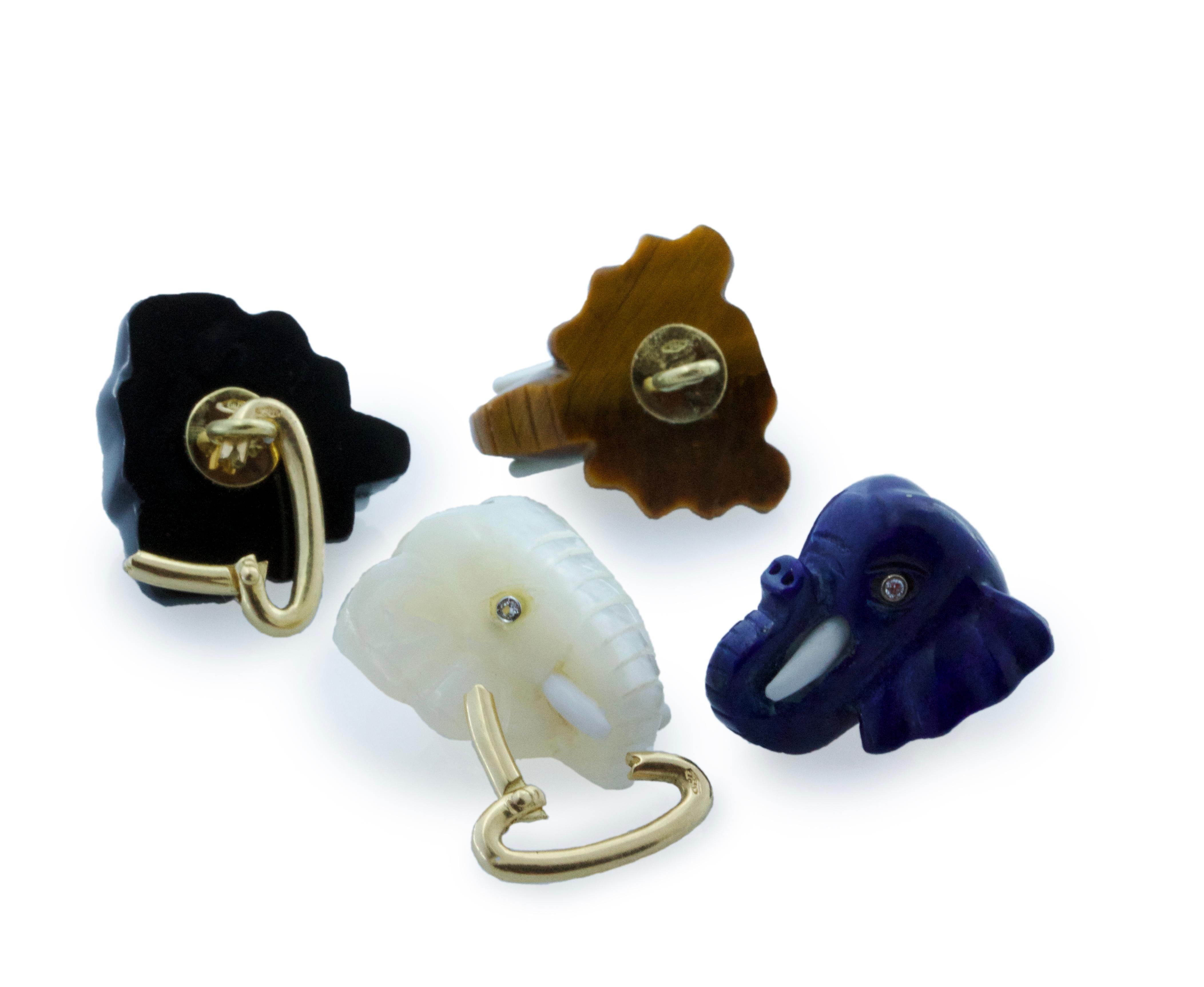 Women's or Men's 18 Karat Gold Diamonds Elephant Onyx Lapis Lazuli Mother of Pearl Cufflinks For Sale