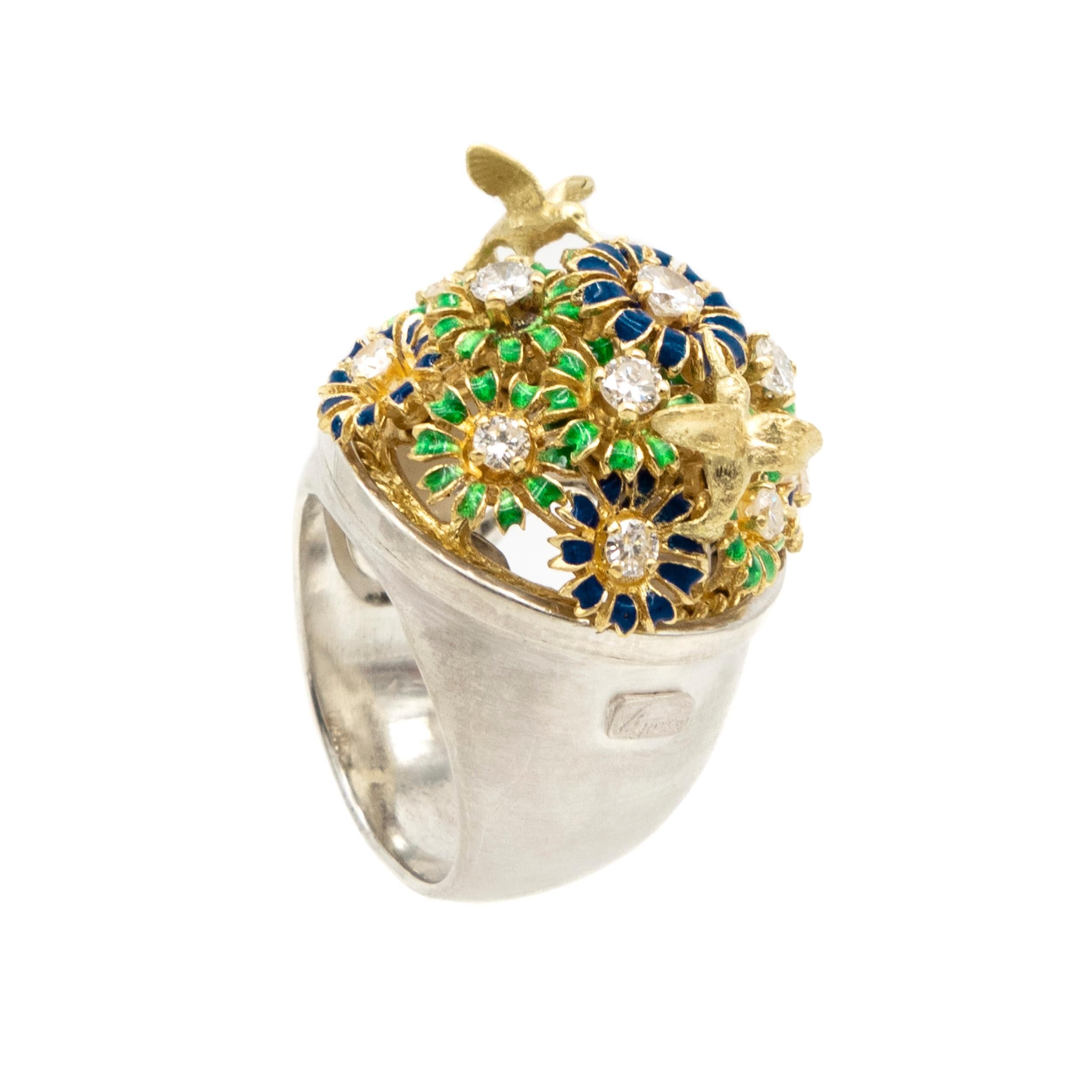 18 Karat Gold Diamonds Nightingale Flowers Enamel Cocktail Silver Ring V Gracia

Behold the exquisite beauty of our Conference of Birds ring, a true testament to nature's elegance and timeless charm. Crafted with intricate artistry, this masterpiece