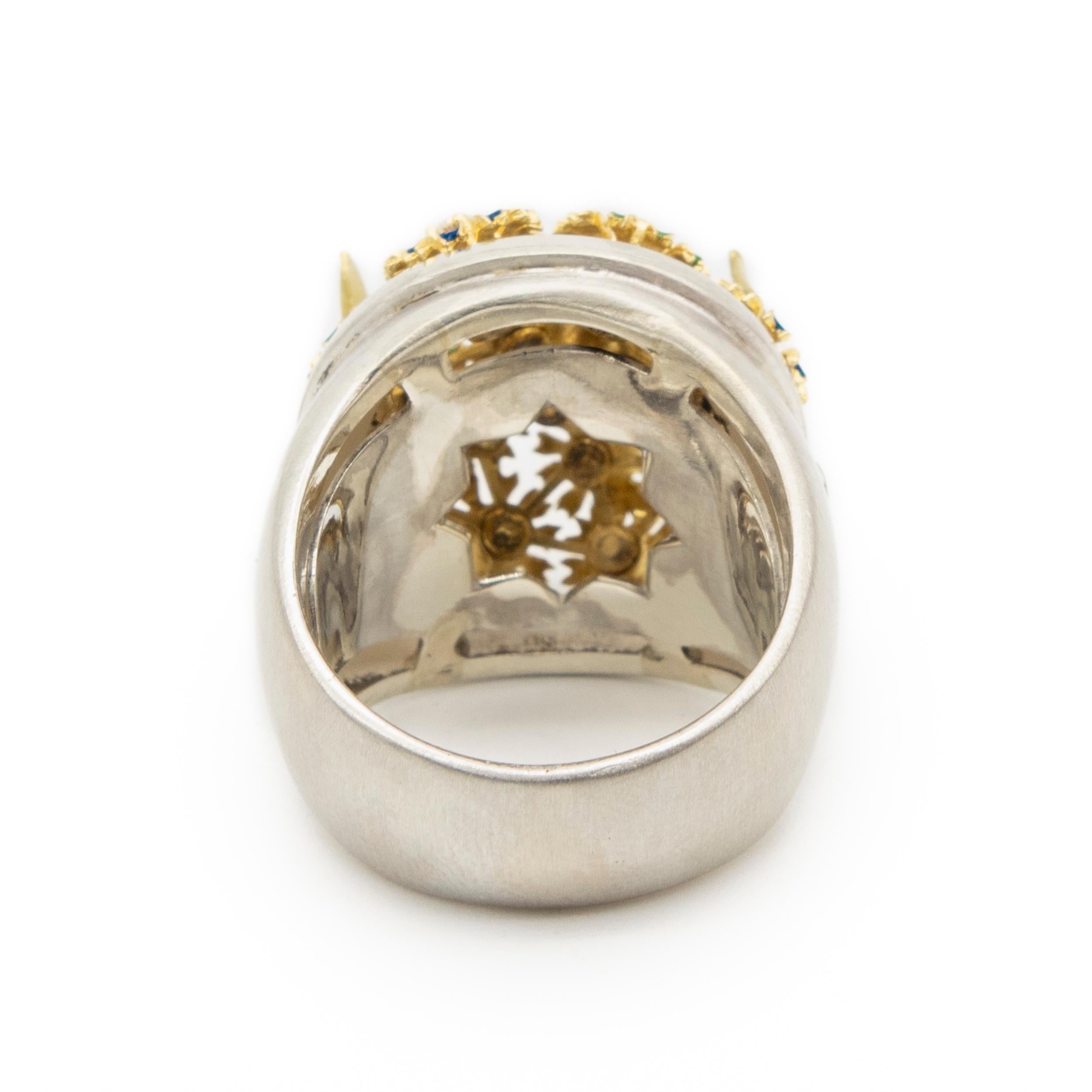 Modern 18 Karat Gold Diamonds Nightingale Flowers Enamel Cocktail Silver Ring V Gracia For Sale