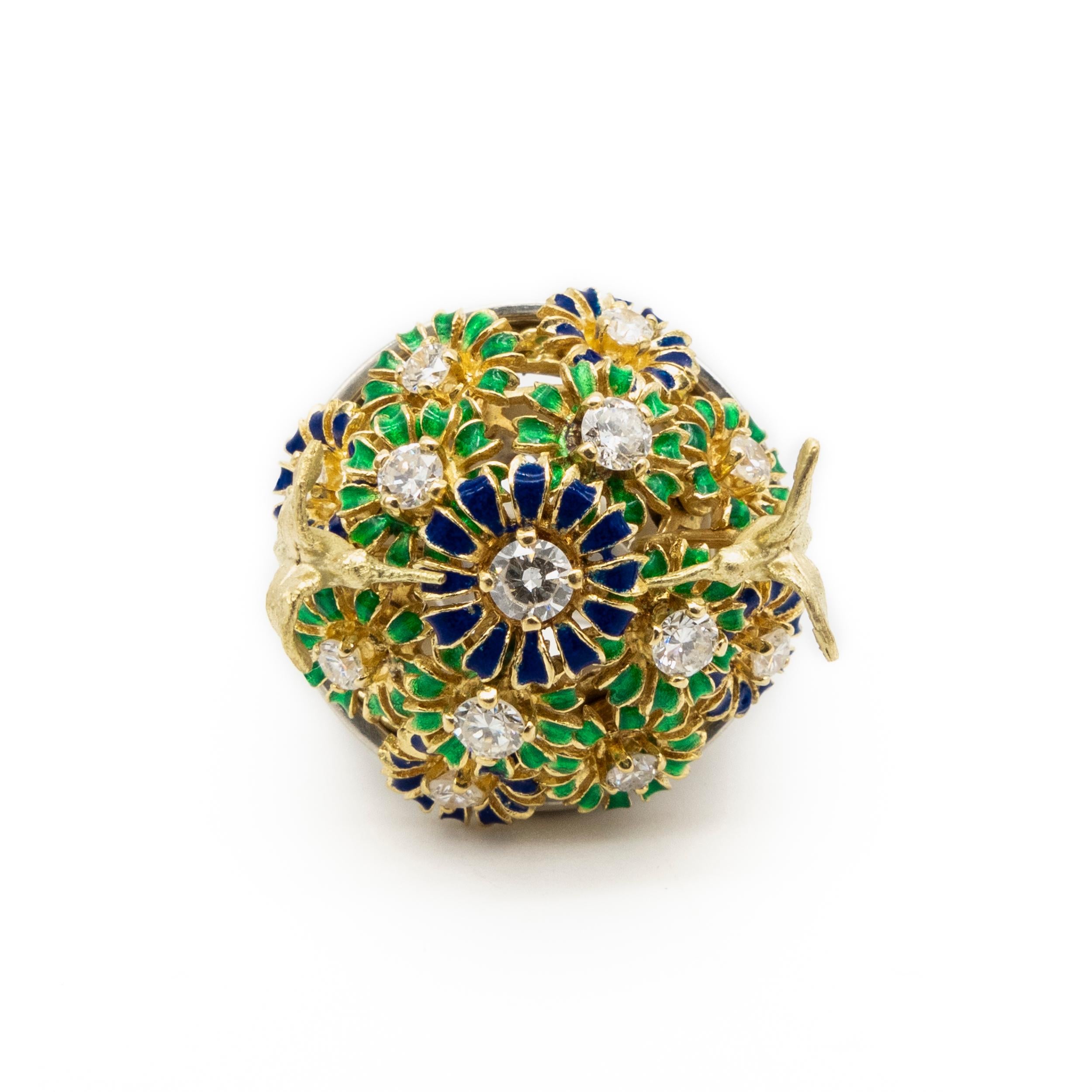 18 Karat Gold Diamonds Nightingale Flowers Enamel Cocktail Silver Ring V Gracia In New Condition For Sale In Valencia, ES