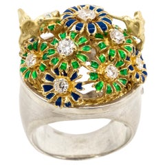 18 Karat Gold Diamonds Nightingale Flowers Enamel Cocktail Silver Ring V Gracia