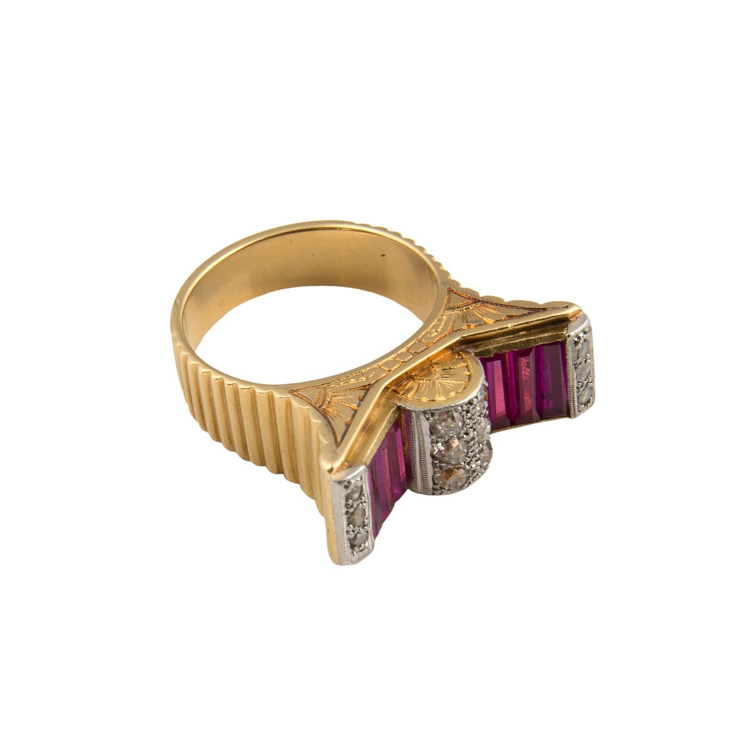 Women's or Men's 18 Karat Gold Diamonds Red Stones Retro Ring For Sale