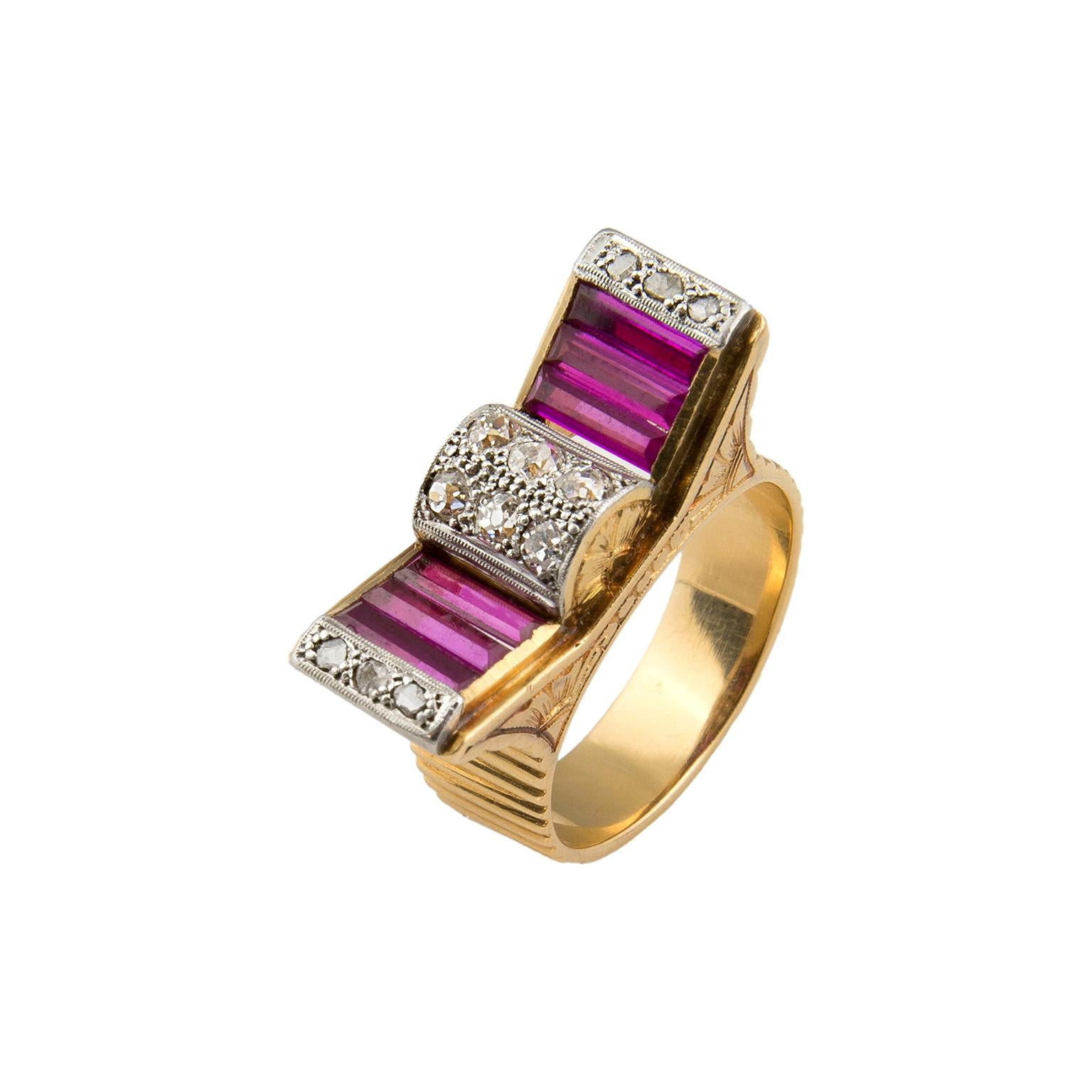 18 Karat Gold Diamonds Red Stones Retro Ring For Sale