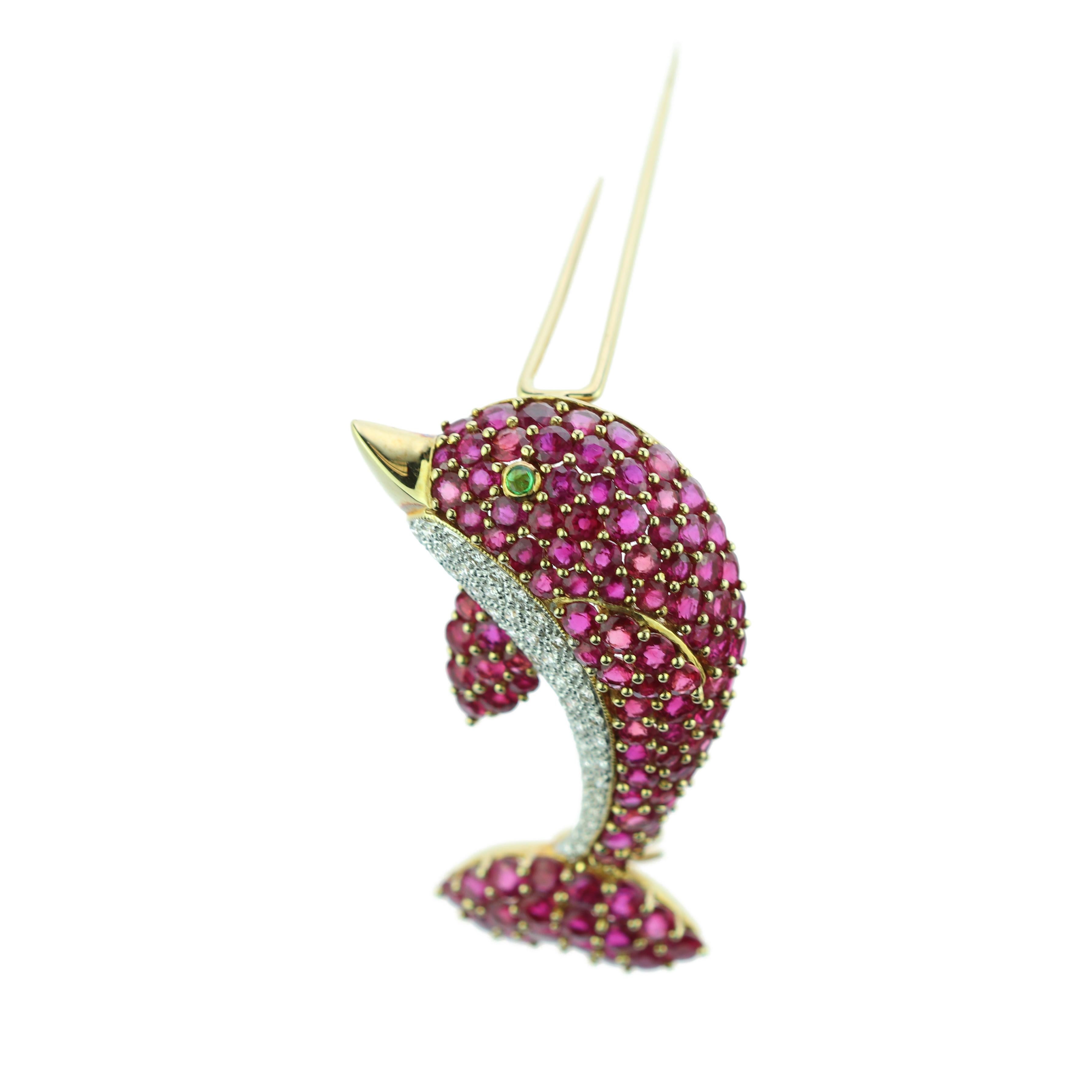 Romantic 18 Karat Gold Diamond Ruby Emerald Pave Pink Dolphin Pin Clip Colorful Brooch