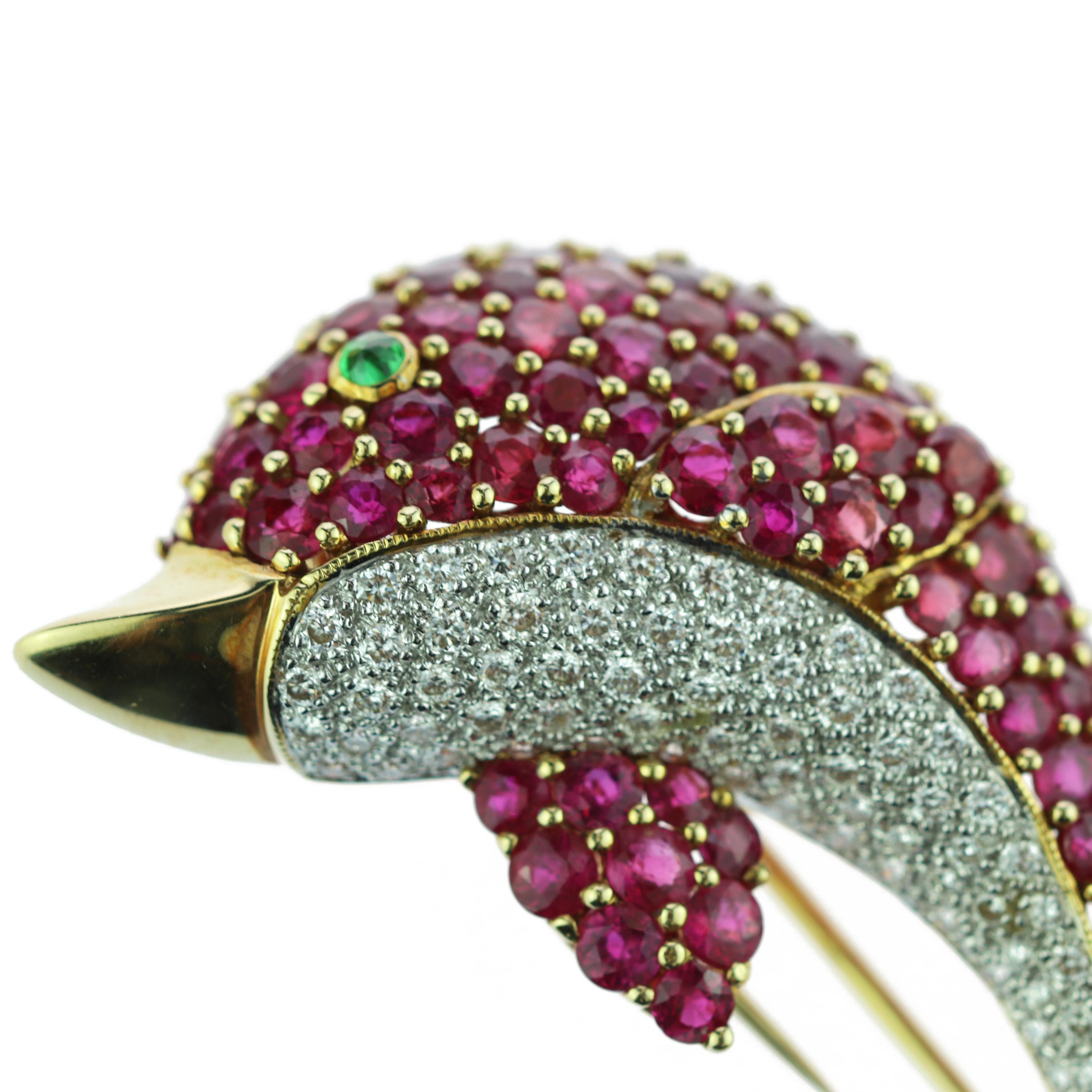 Round Cut 18 Karat Gold Diamond Ruby Emerald Pave Pink Dolphin Pin Clip Colorful Brooch