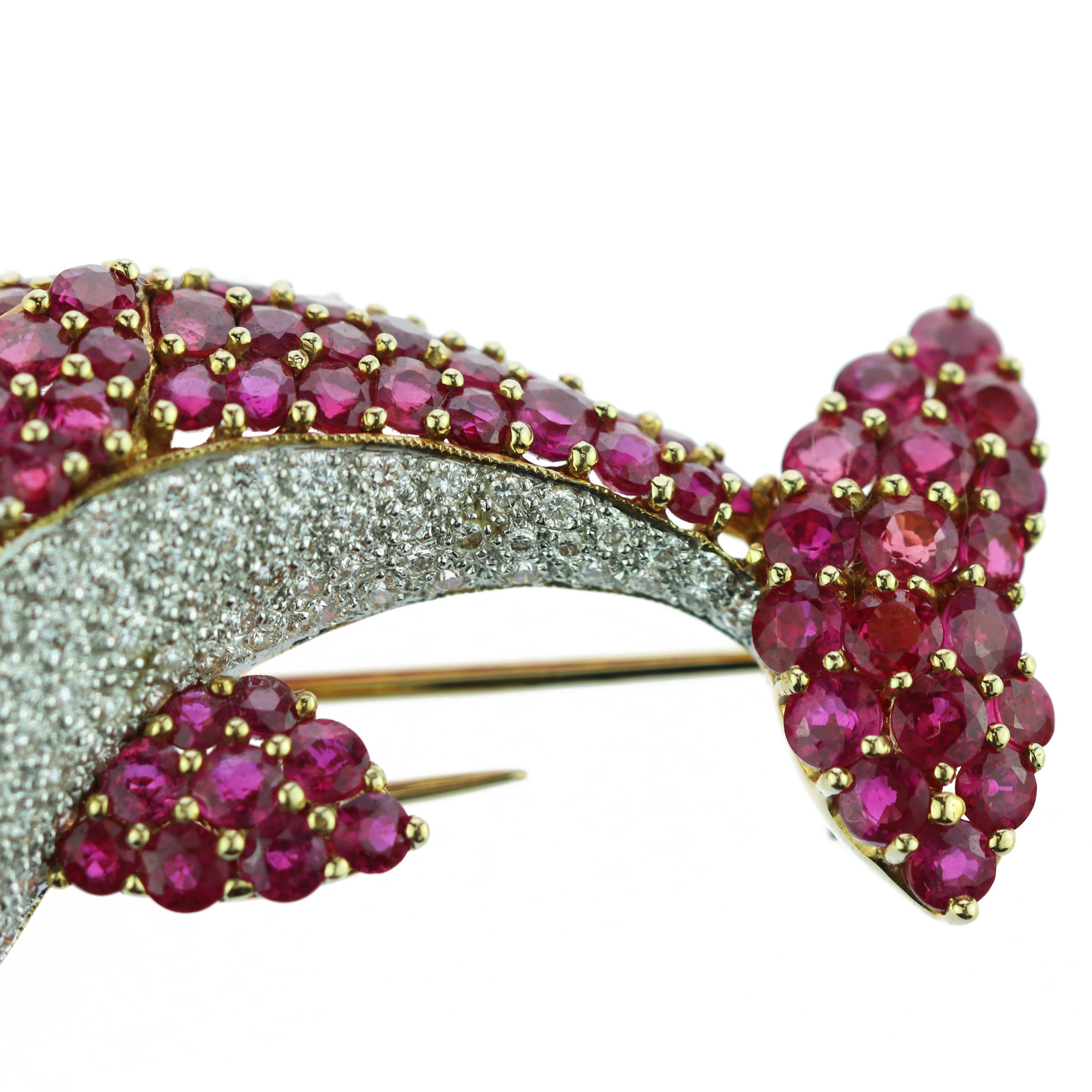 Women's or Men's 18 Karat Gold Diamond Ruby Emerald Pave Pink Dolphin Pin Clip Colorful Brooch