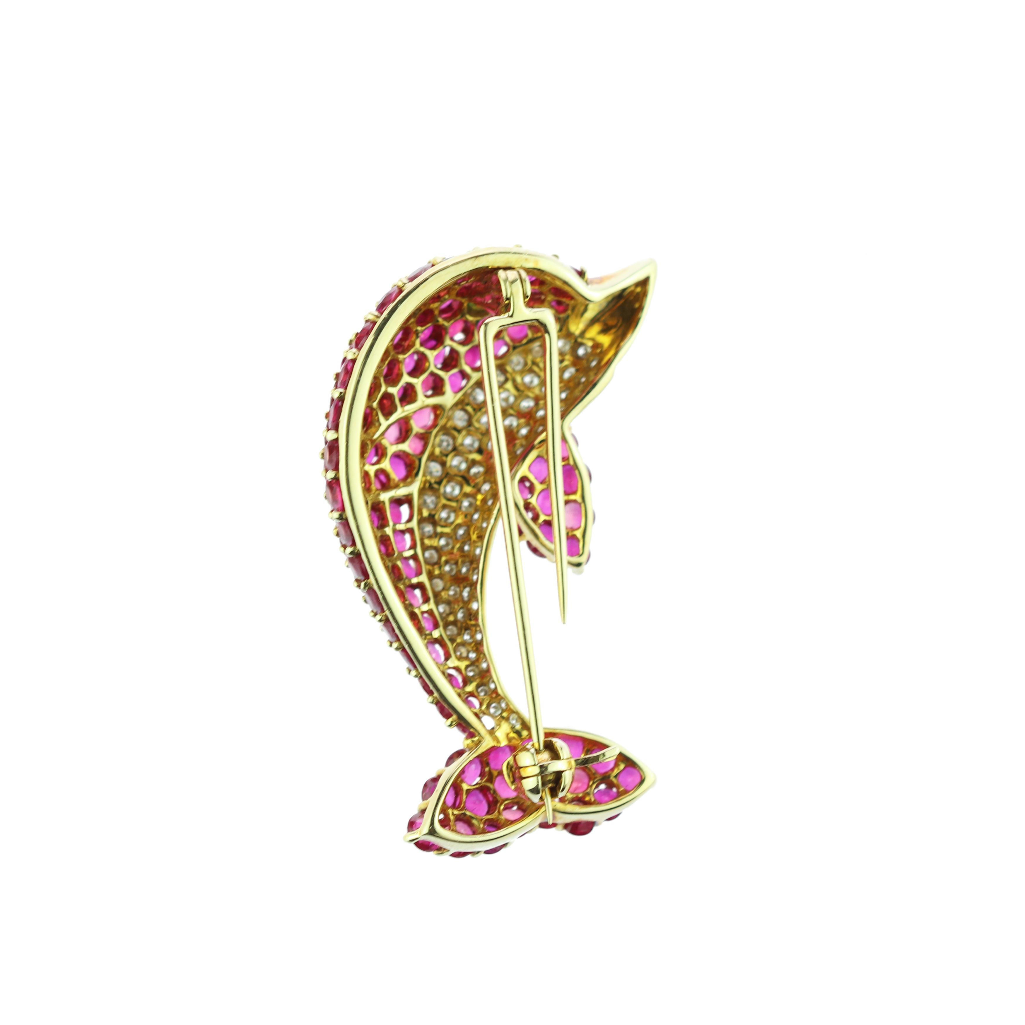 18 Karat Gold Diamond Ruby Emerald Pave Pink Dolphin Pin Clip Colorful Brooch 2