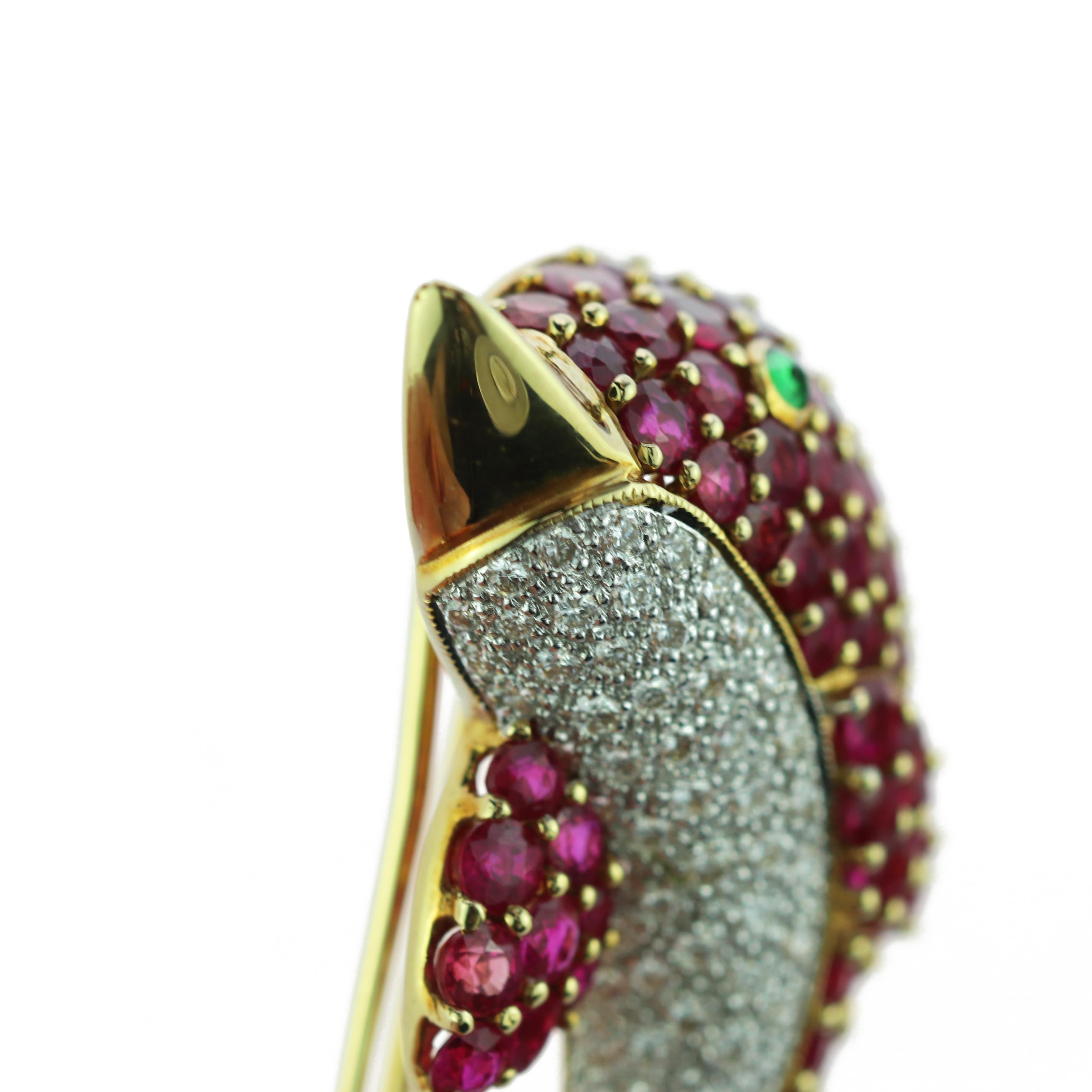 18 Karat Gold Diamond Ruby Emerald Pave Pink Dolphin Pin Clip Colorful Brooch 4