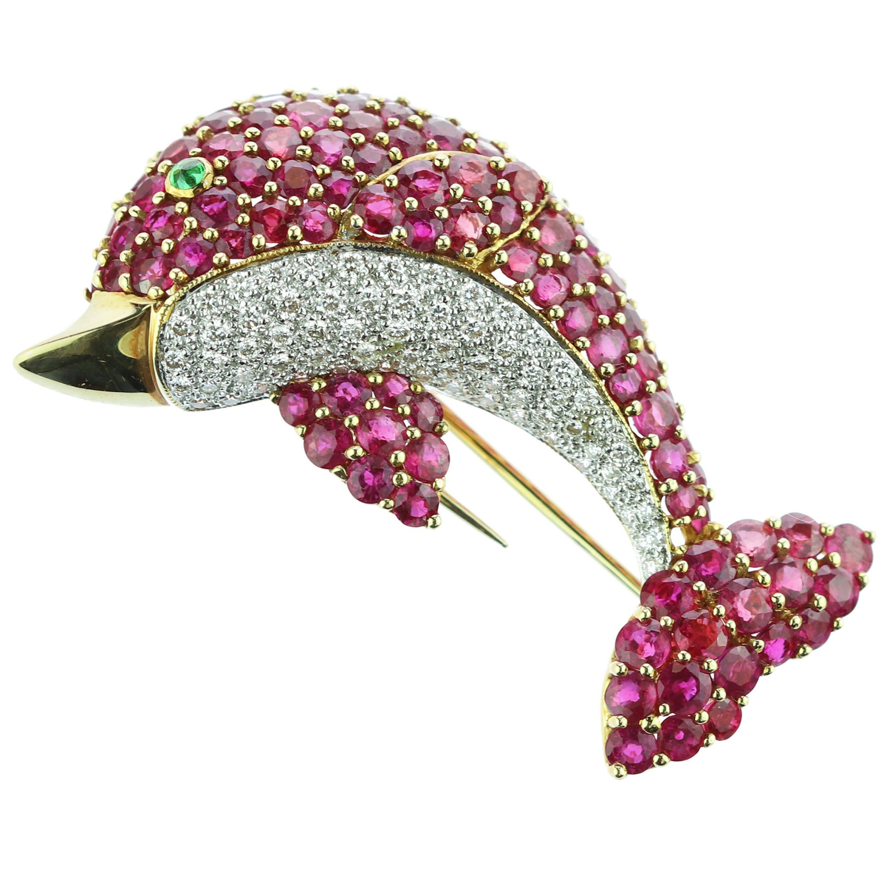 18 Karat Gold Diamond Ruby Emerald Pave Pink Dolphin Pin Clip Colorful Brooch