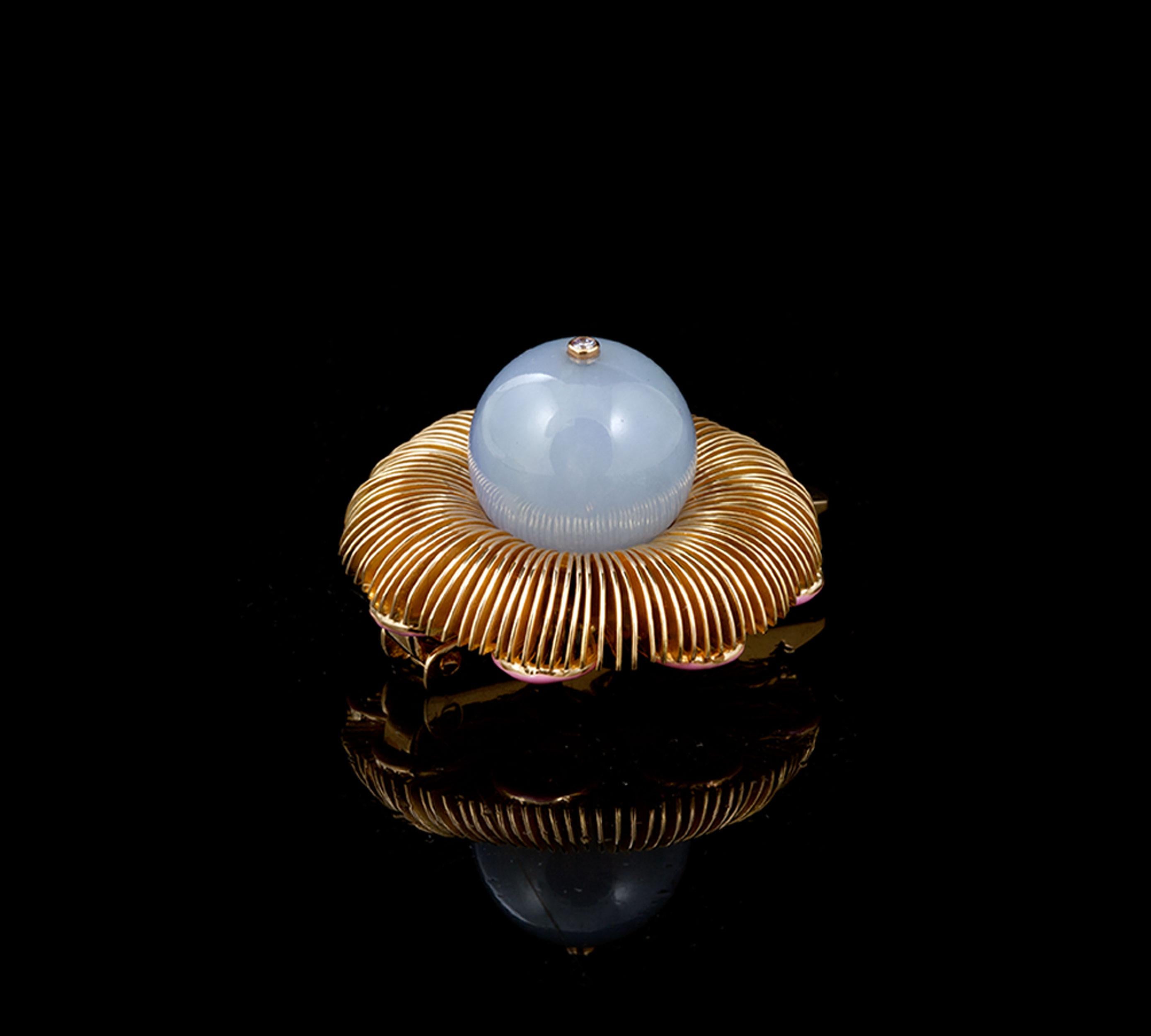 Contemporary 18 Karat Gold Plum and Peony Brooch with a 52.57 Carat Blue Jade Sphere For Sale