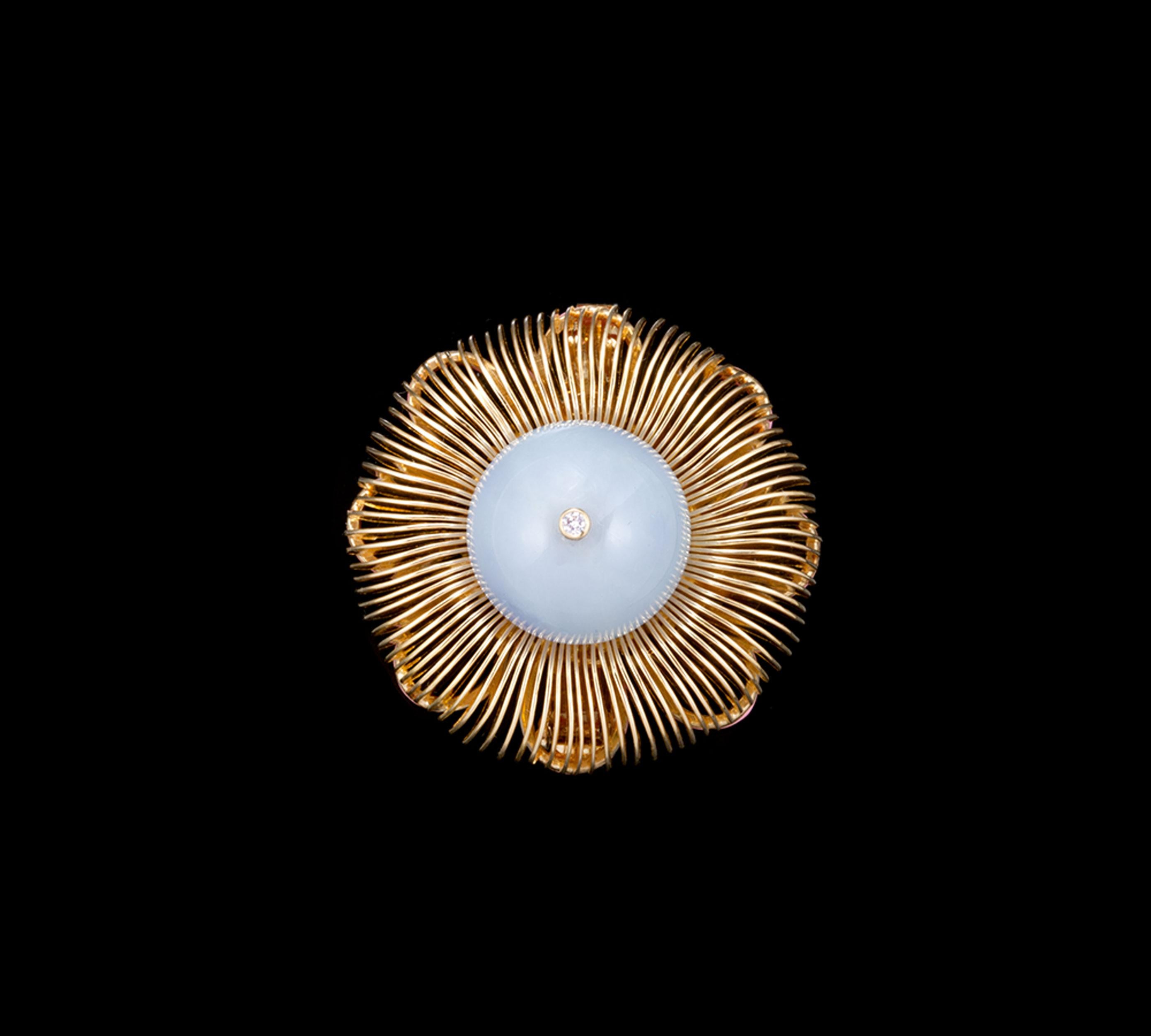 Round Cut 18 Karat Gold Plum and Peony Brooch with a 52.57 Carat Blue Jade Sphere For Sale
