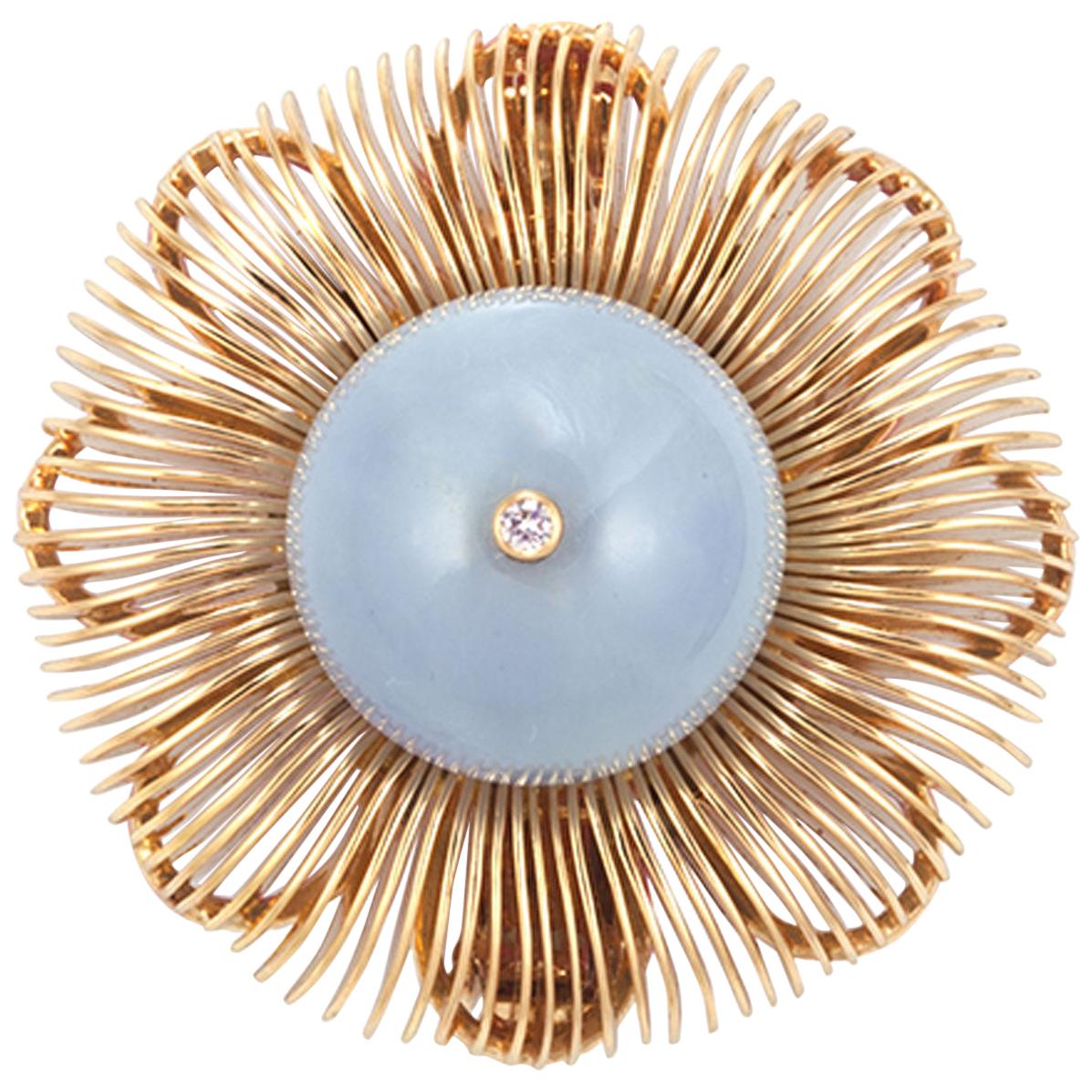 18 Karat Gold Plum and Peony Brooch with a 52.57 Carat Blue Jade Sphere For Sale
