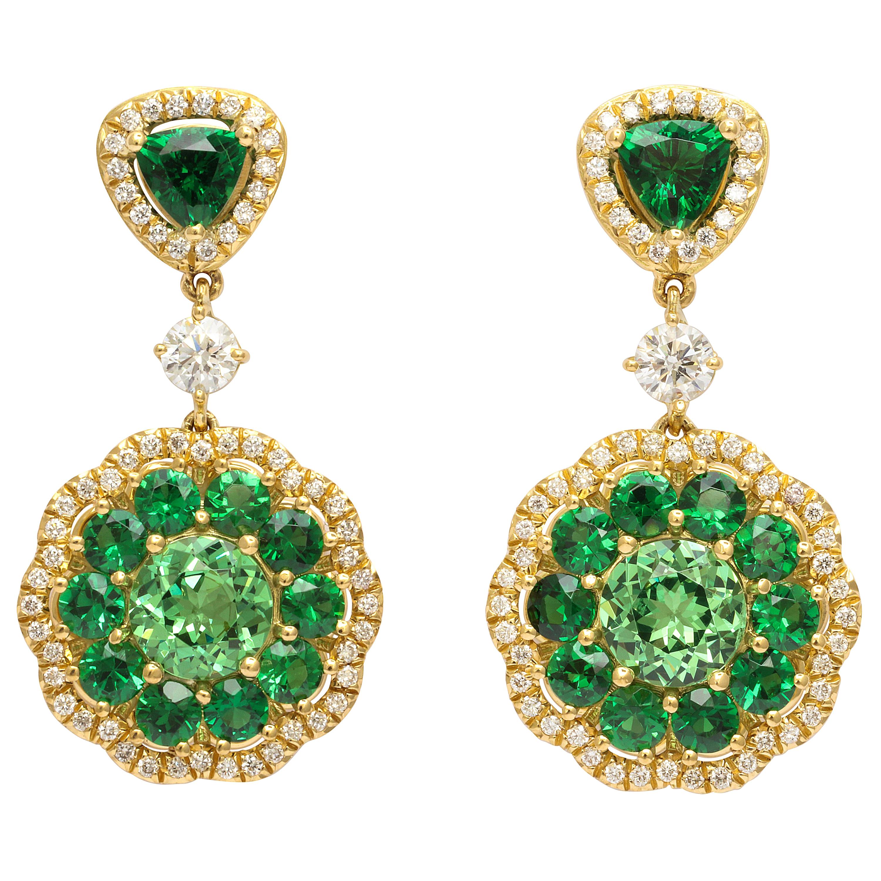 18 Karat Gold Donna Vock Tsavorite and Diamond Drop Earrings For Sale