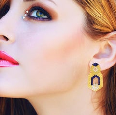 Door Knocker Lapis Diamond 14 Karat Gold Earrings