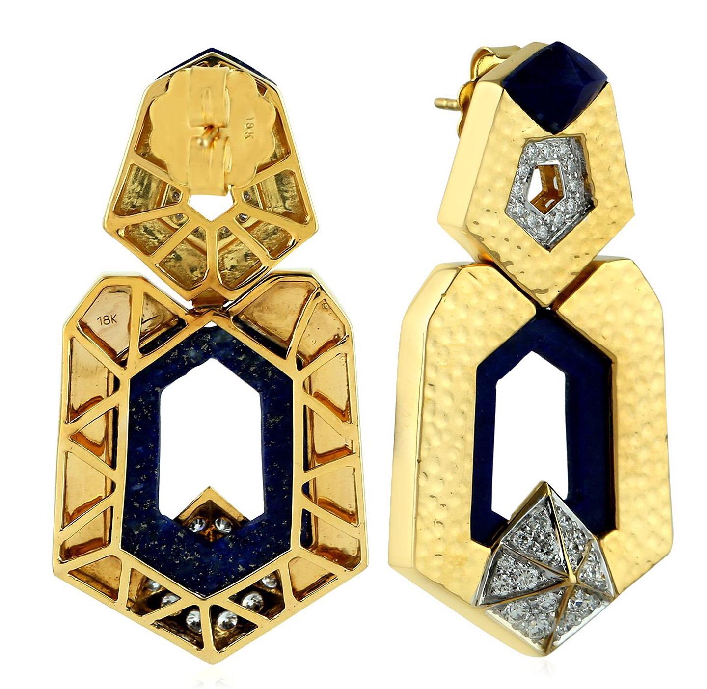 Contemporary Door Knocker Lapis Diamond 14 Karat Gold Earrings For Sale