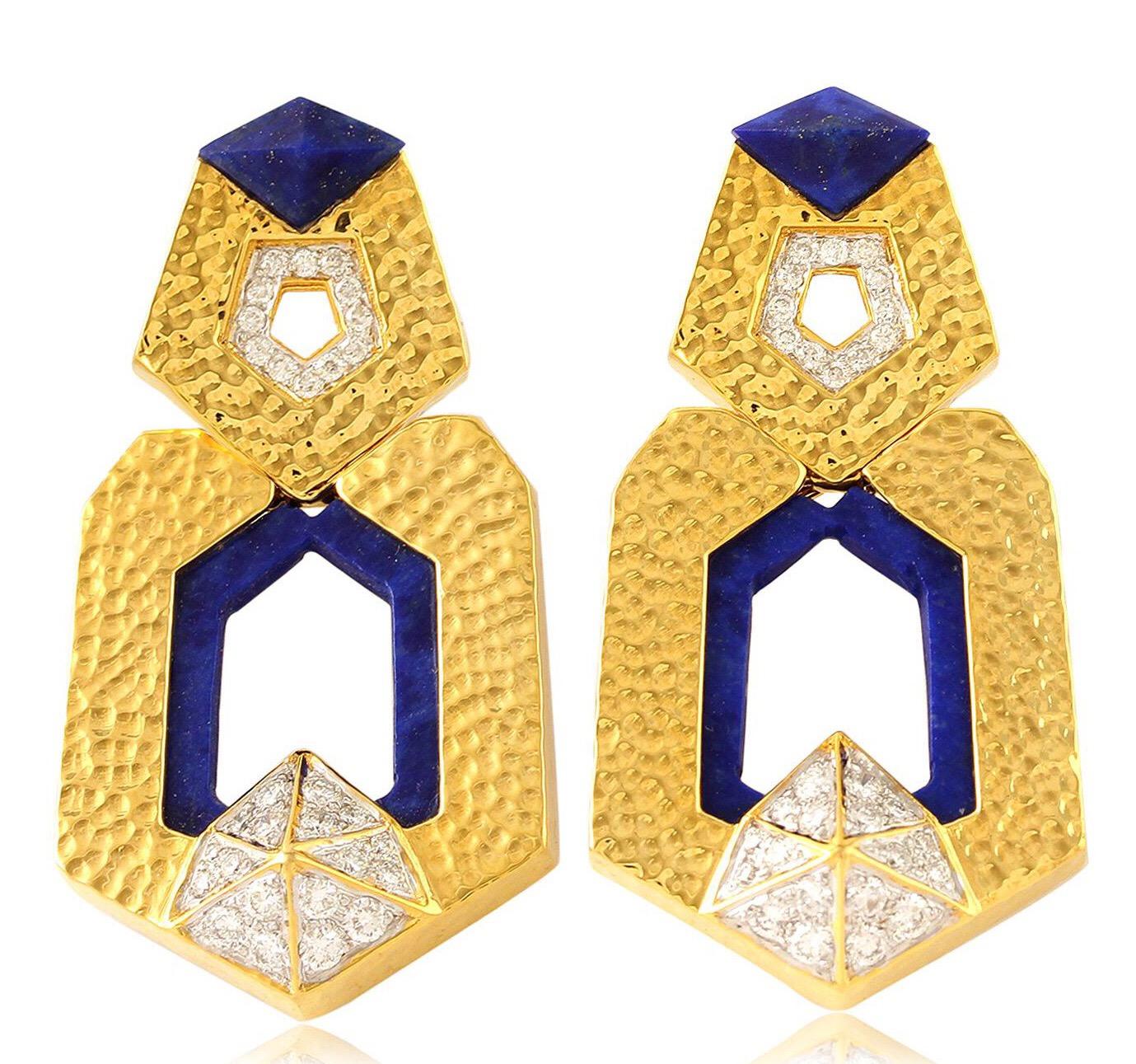 Hexagon Cut Door Knocker Lapis Diamond 14 Karat Gold Earrings For Sale